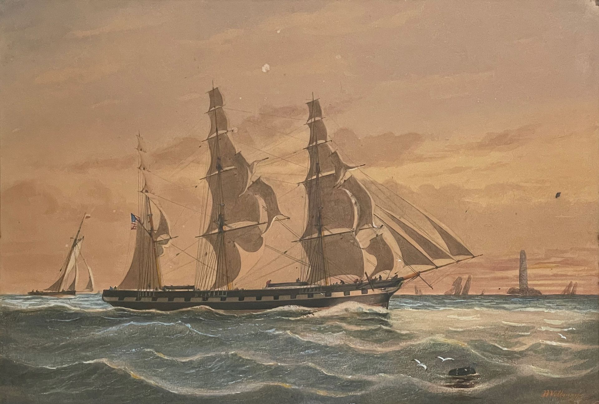 H. VELTMANN (actif fin XIXe-début XXe siècle) 
悬挂美国国旗的三桅帆船
水彩水粉画右下角签名 25.5 x 37.&hellip;