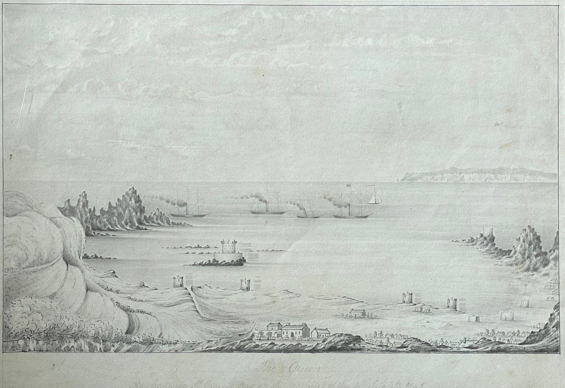 École anglaise, XIXe siècle 
英格兰女王在盎格鲁-撒克逊群岛附近的航行
1846年的水墨画
18 x 29,5 (视图)
