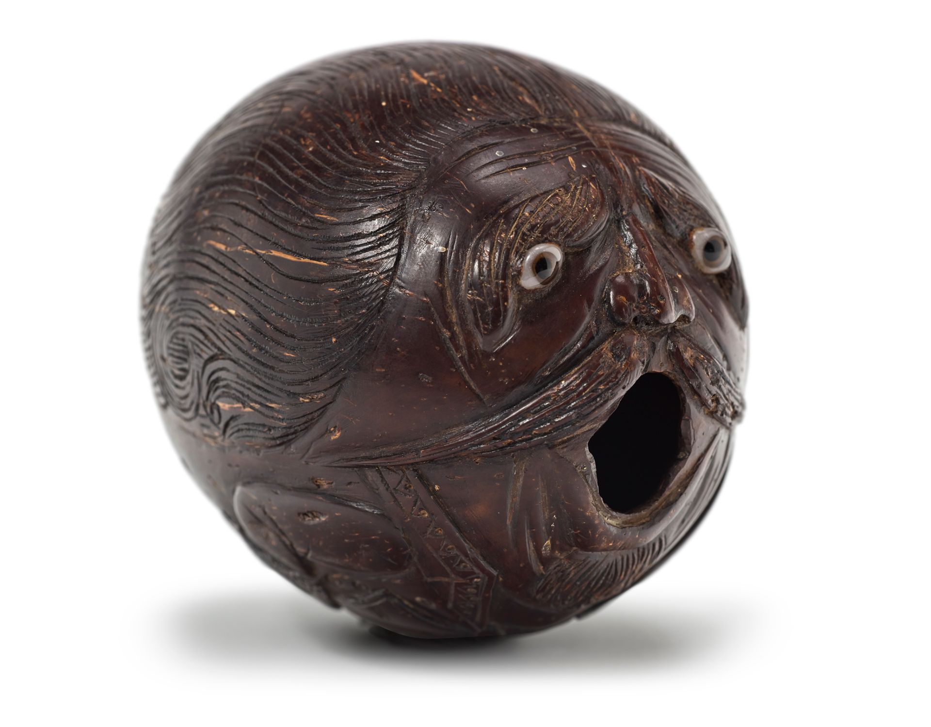 Null Coconut carved with a vociferous naval officer, late shipboard or prison wo&hellip;
