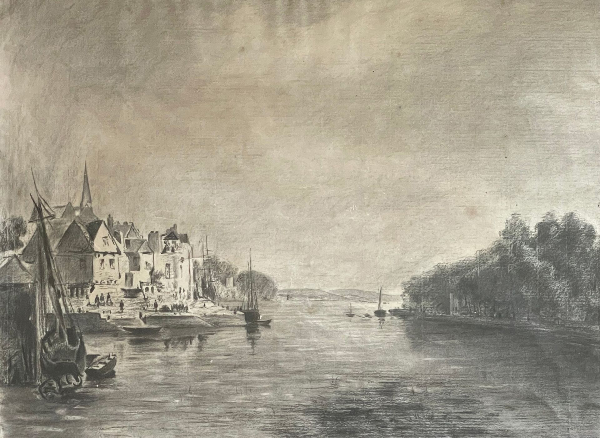 Ecole du NORD, fin du XIXe siècle 
Paysage fluviale animé
Pastel 41,5 x 48,5 cm