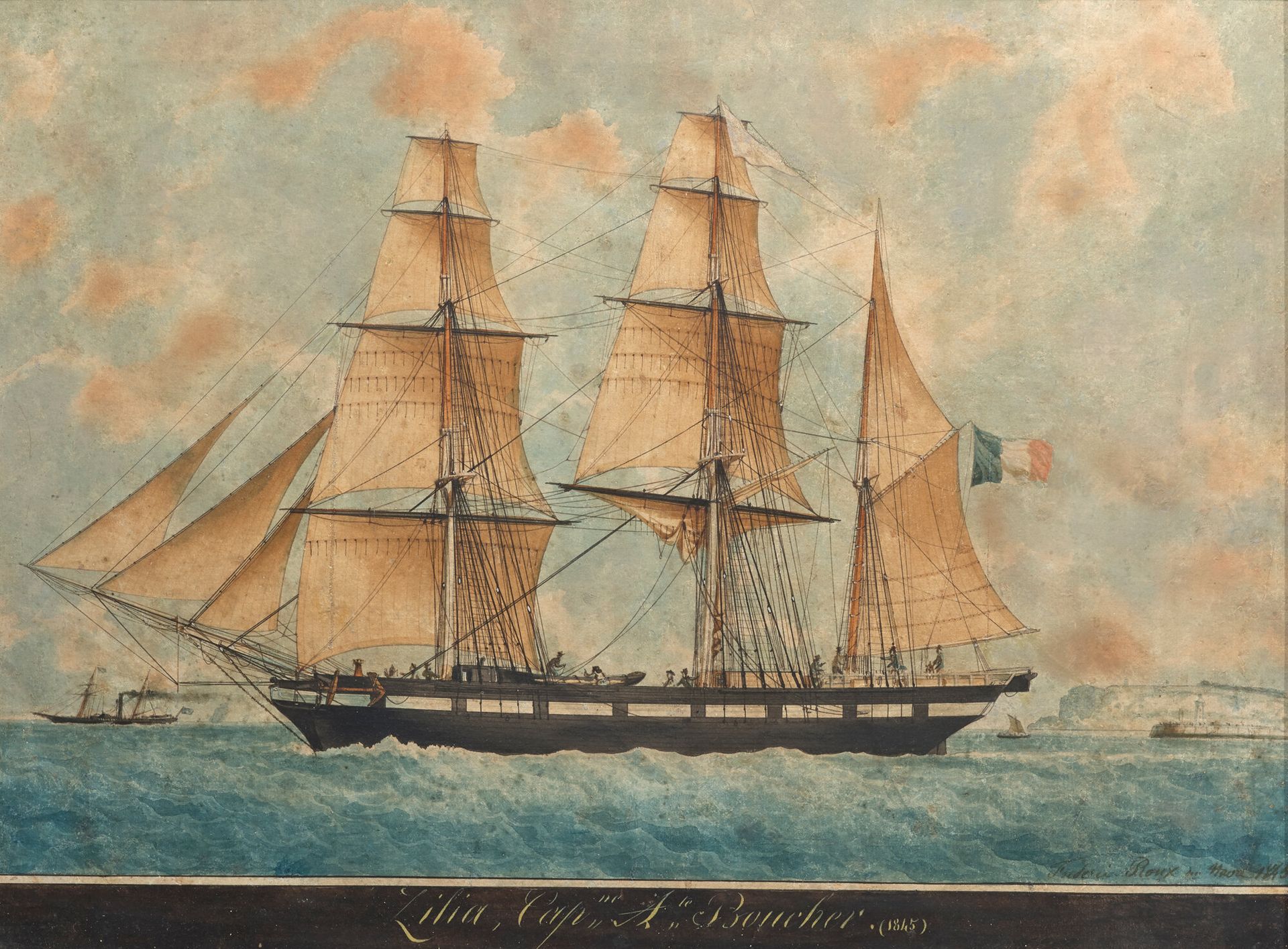 Frédéric ROUX (1805-1874) 
离开勒阿弗尔的三桅帆船"Lilia"
纸上水彩画，黑带题名，日期为1845年，右下角有Frédéric R&hellip;