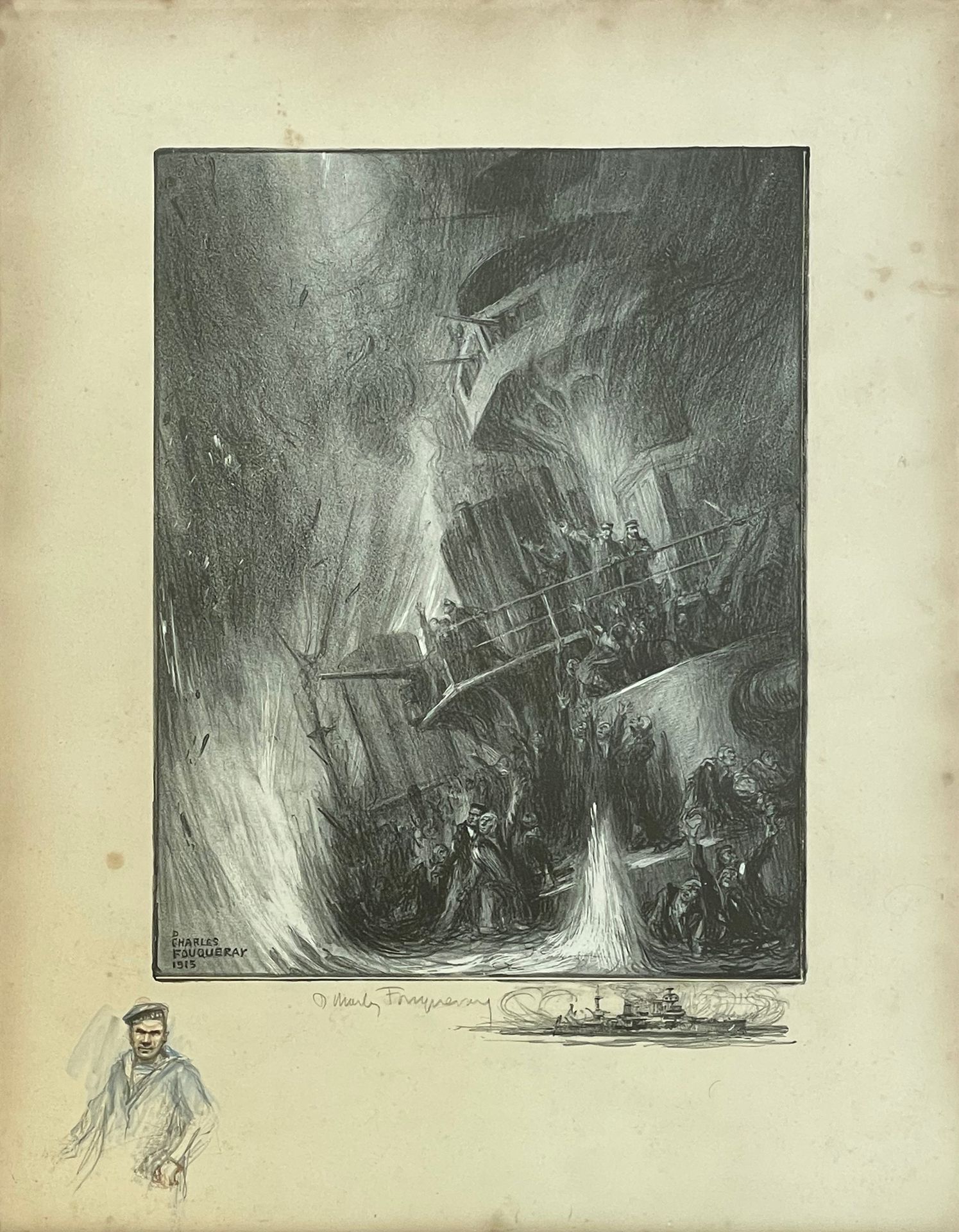 Charles FOUQUERAY (1869-1956) 
巡洋舰的终点，1915年
平版印刷品，上面有巡洋舰的图画和其中一名水手的铅笔线水彩画，并有副署和丰&hellip;