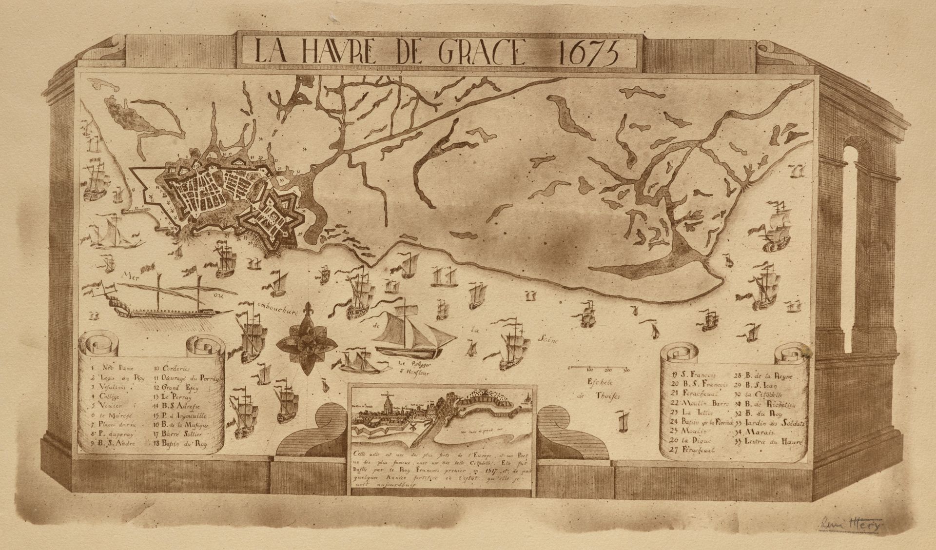 Null Lot de 6 gravures encadrées décrivant l'évolution du Havre du XVIe au XIXe &hellip;