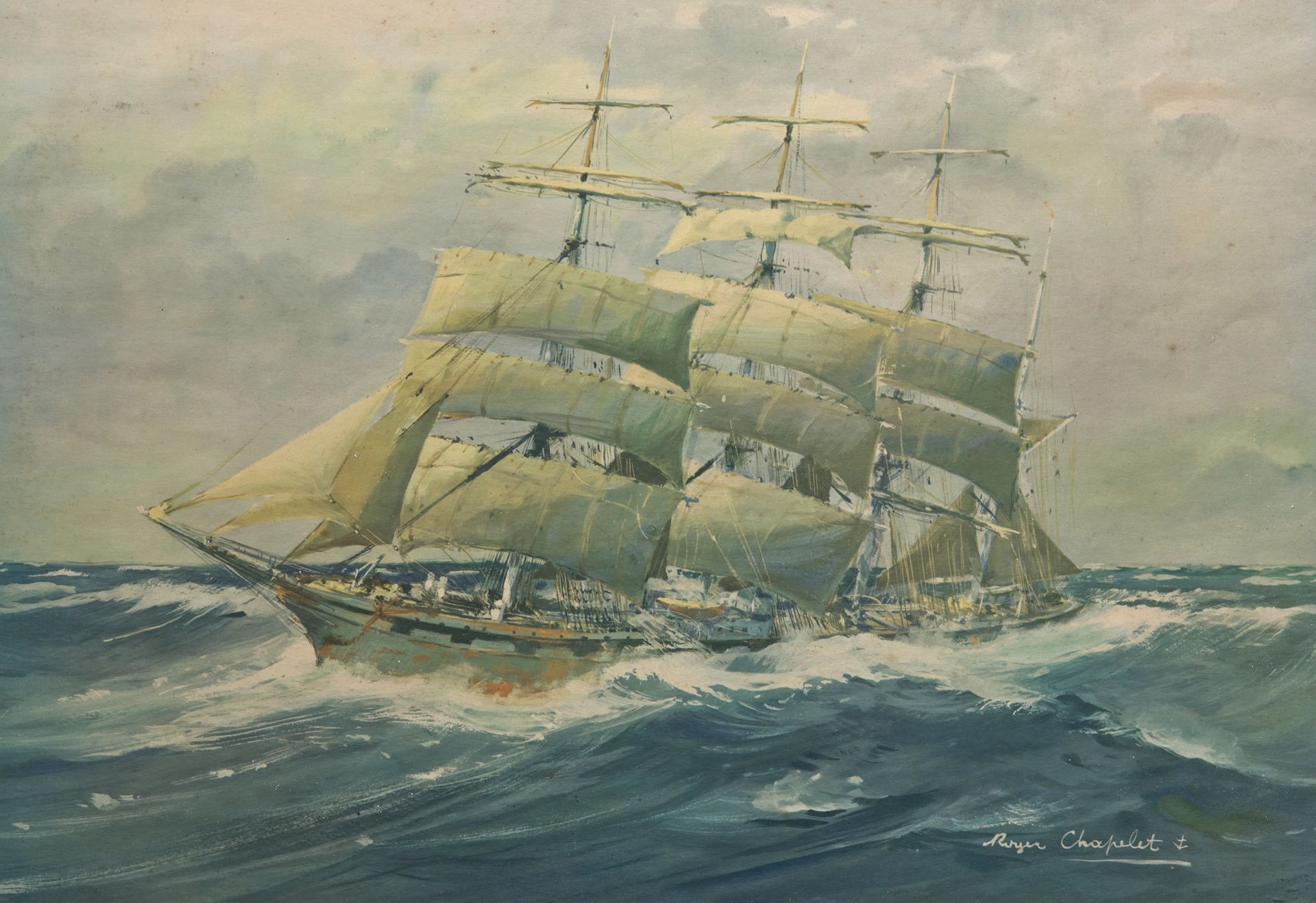 Roger CHAPELET (1903-1995) 
恶劣天气下航行的四桅帆船
彩色石版画，右下角有签名并有副签名
38 x 55 cm