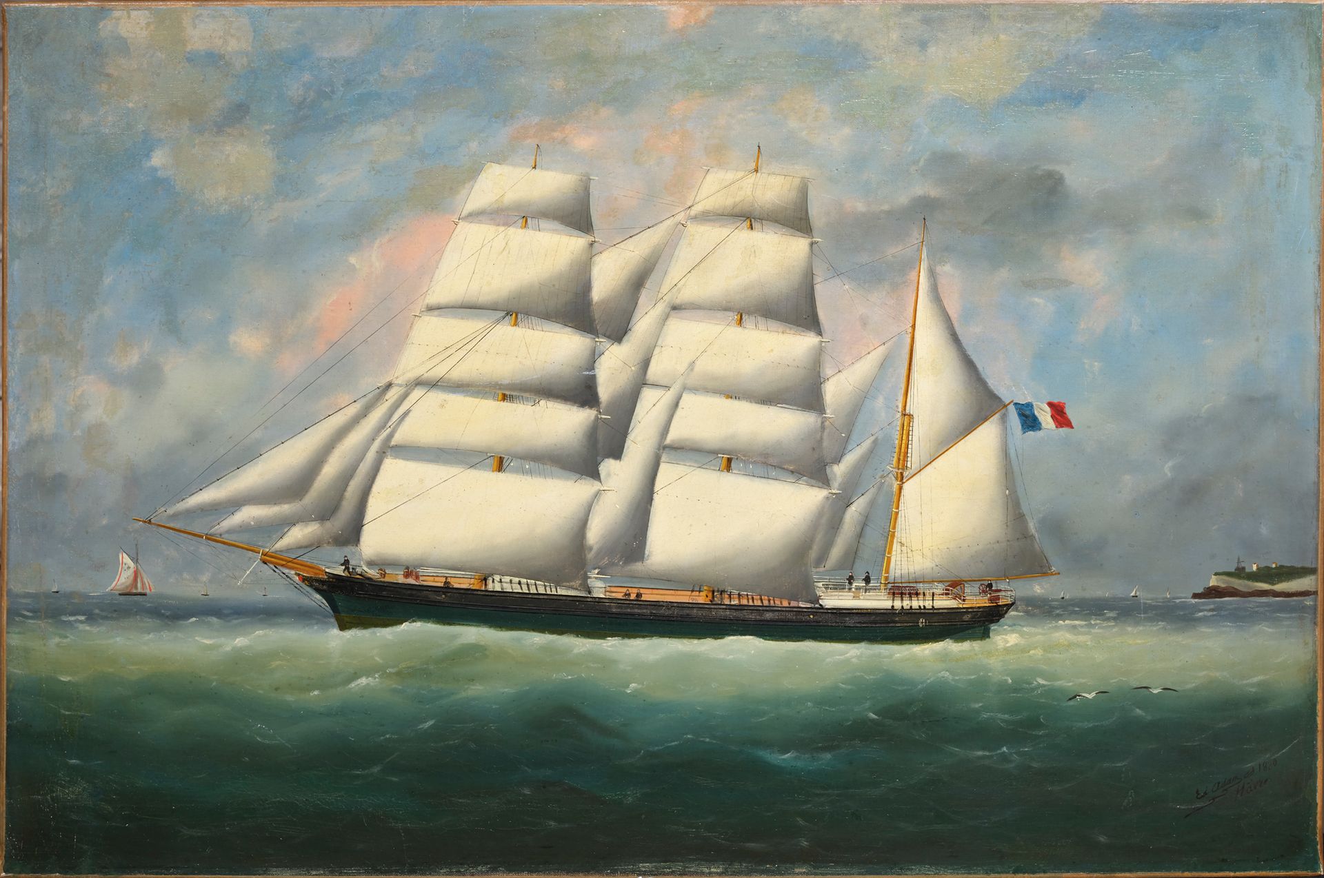 Edouard ADAM (1847-1929) 
Three mats barque by agitated weather, 1880
Canvas sig&hellip;