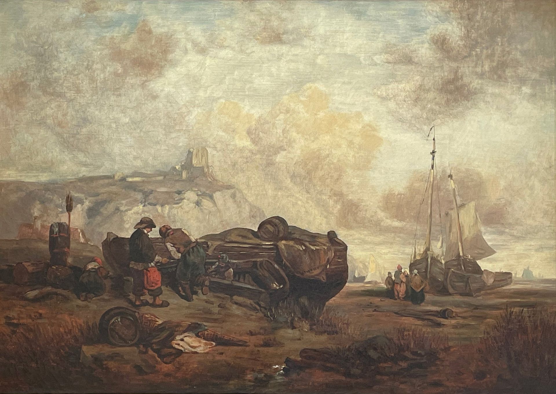 École du Nord, XIXe siècle 
河岸上的填缝场景
布面油画
39 x 57 cm。