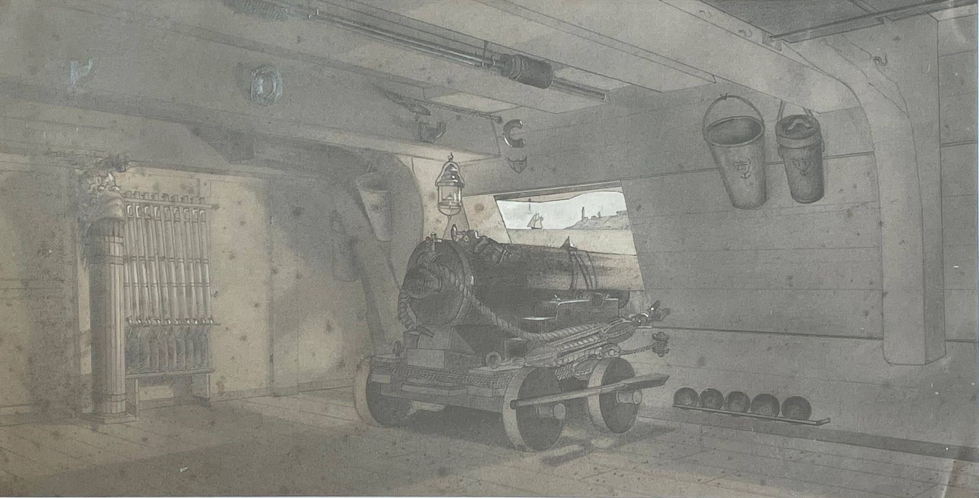 ÉCOLE FRANÇAISE, début du XXe siècle 
马车上的大炮
铅笔画与水粉画的突出部分
20 x 36,5 cm (视图)