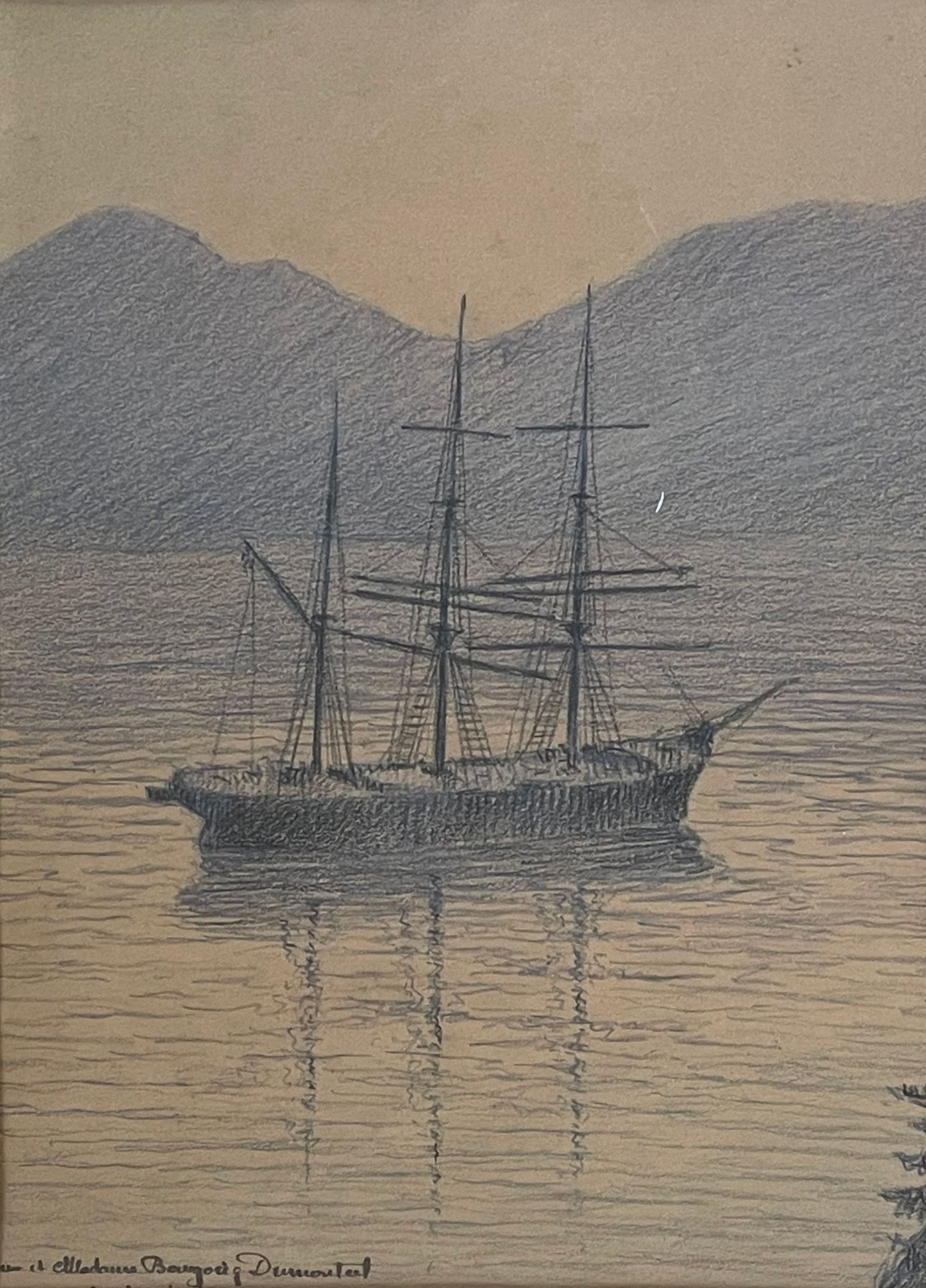 ÉCOLE FRANCAISE, CIRCA 1920 
黄昏时分的三桅帆船与干帆
三支签名铅笔 23.5 x 17 cm (观)