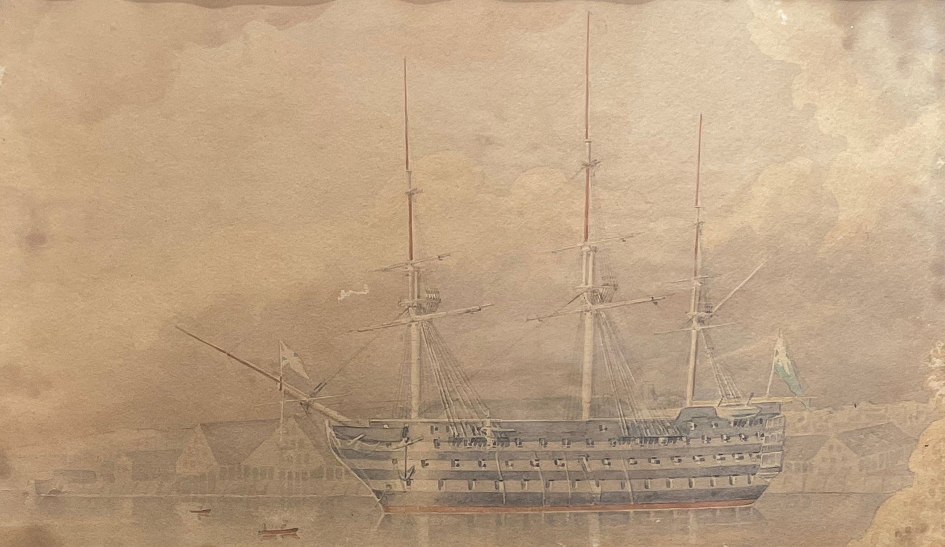 École française, fin du XIXe siècle 
三排炮与干帆的船只
水彩画
19 x 31 cm (观)