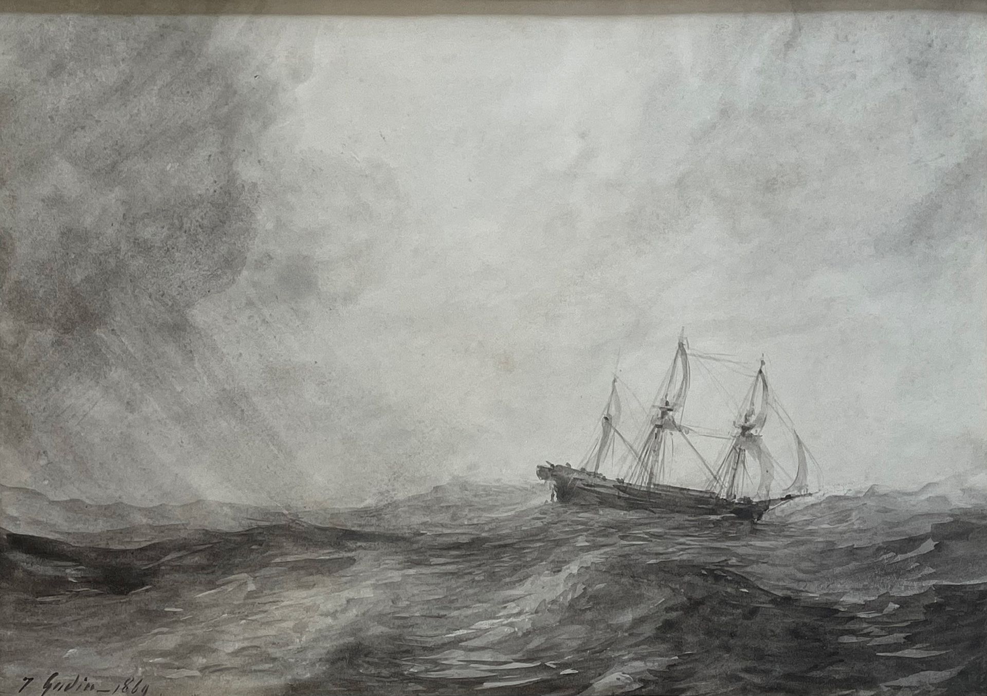 Théodore GUDIN (1802-1880) 
Ship in heavy weather
Ink wash, signed and dated 186&hellip;