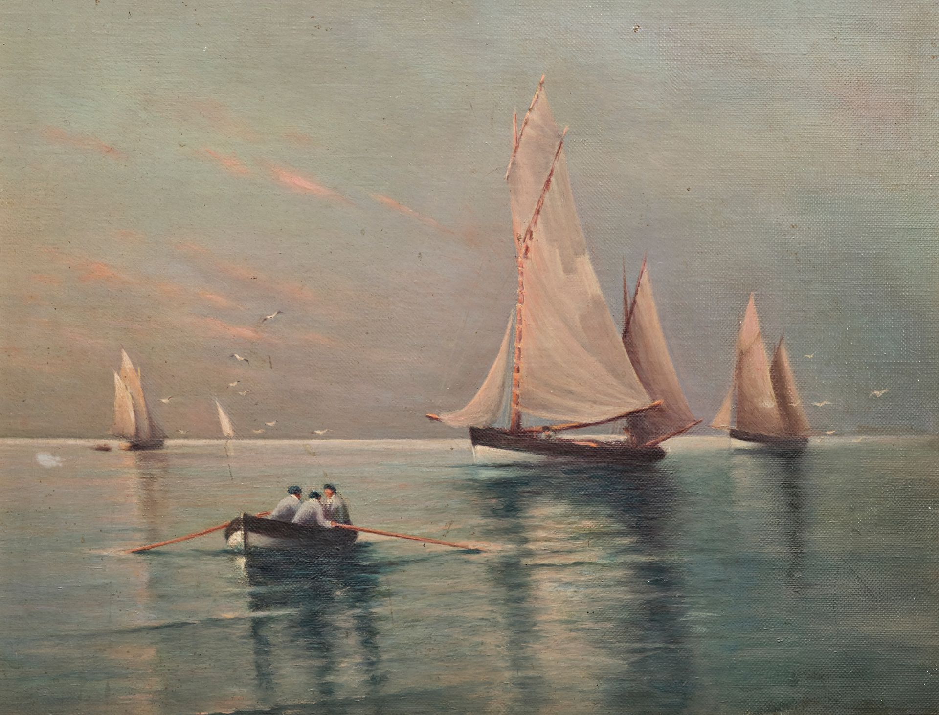 Ecole FRANCAISE, XIXème siècle 
平静中的钓鱼场景
板面油画
31 x 40 cm。