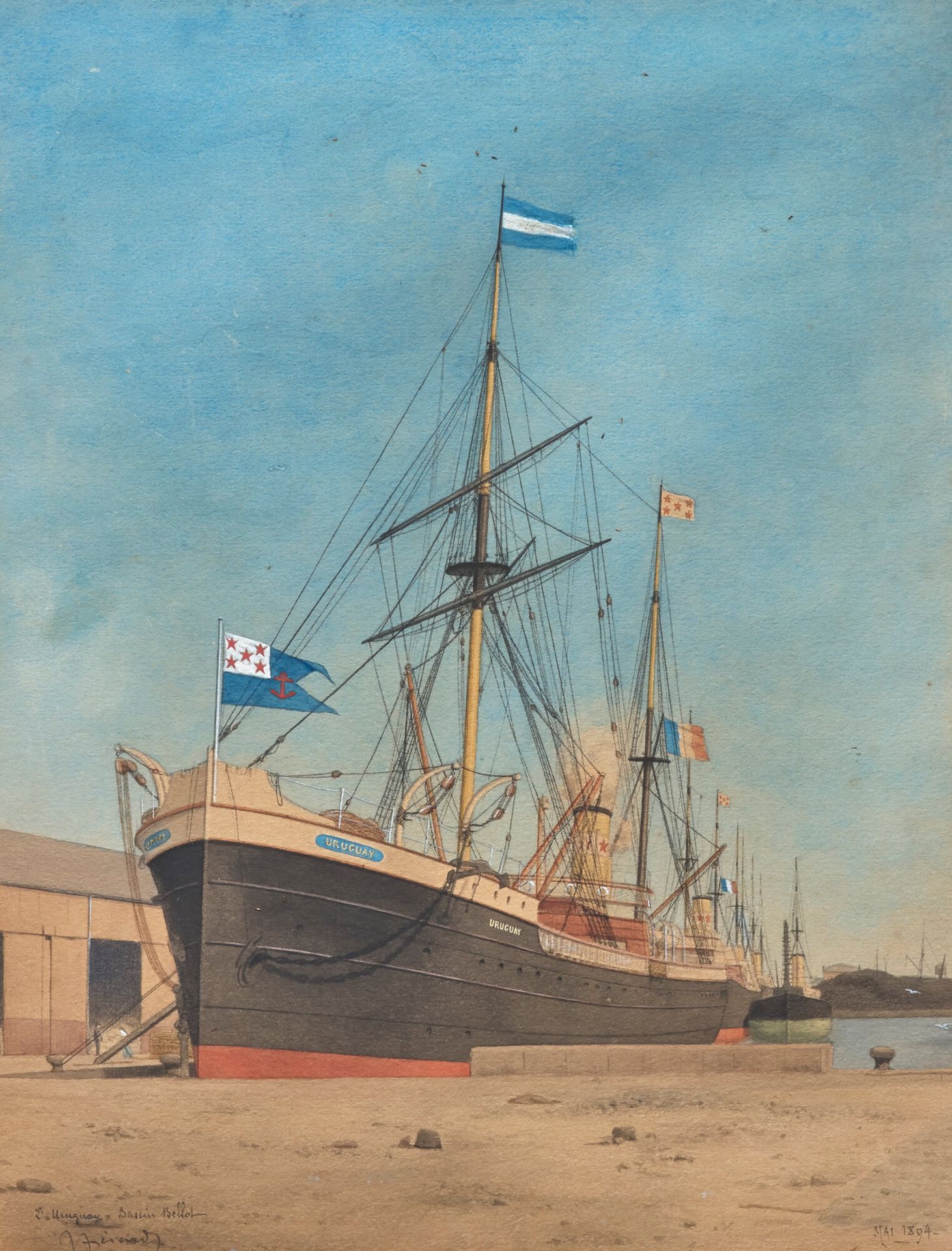 ÉCOLE FRANÇAISE, fin XIXème siècle 
码头上的乌拉圭混血船
纸上水彩画，有签名（未破译），日期为1894年5月，名称和位置为贝&hellip;