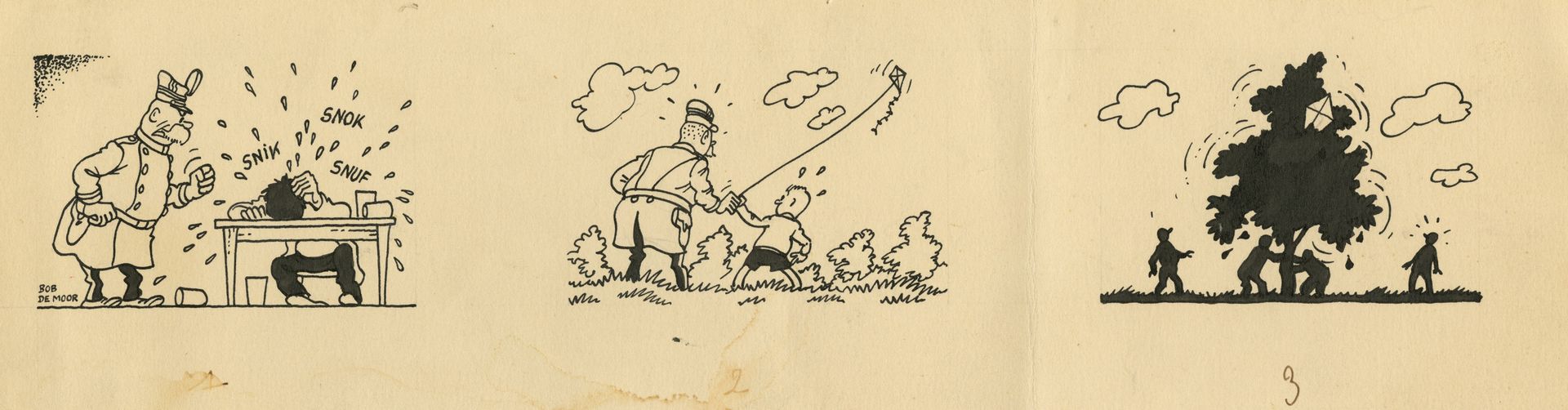 BOB DE MOOR (1925-1992) Tinta china sobre papel para una tira.
Firmado abajo a l&hellip;