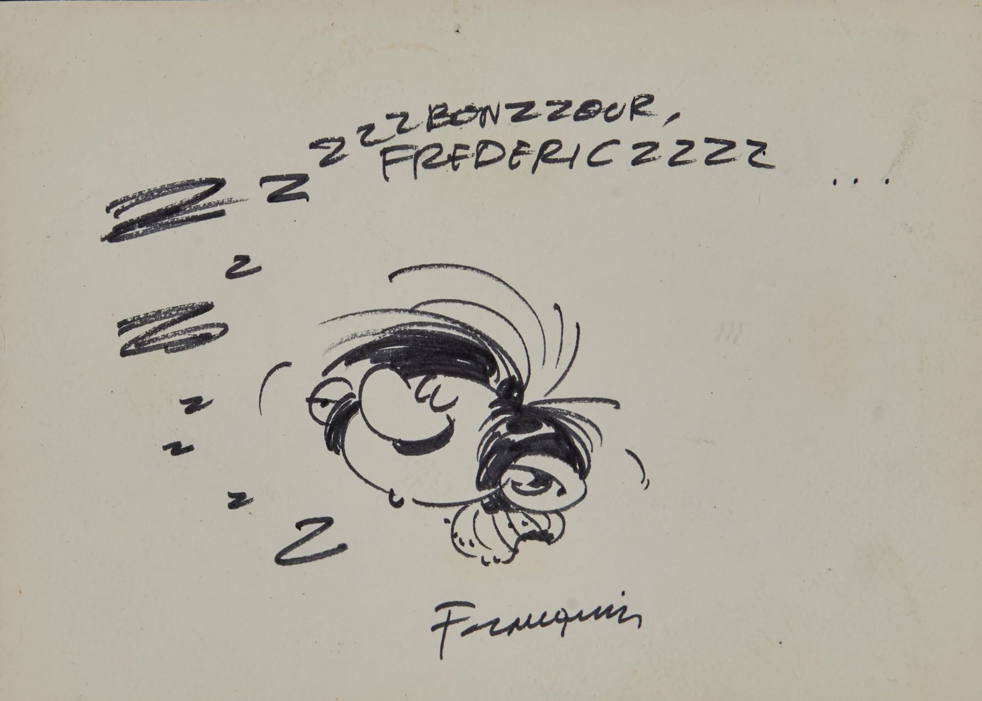 Franquin - dédicace : Very nice drawing representing Gaston asleep (12,5 x 17,5 &hellip;