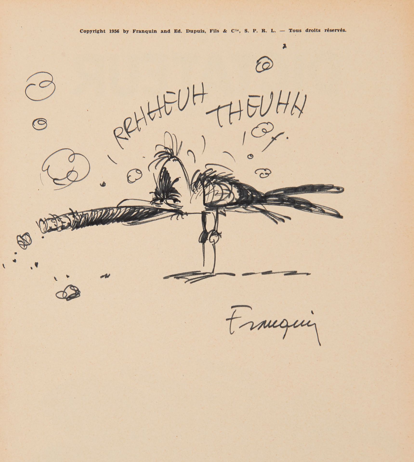 Franquin - dédicace : 独裁者与蘑菇》，比利时原版，附有加斯顿抽雪茄的海鸥图。状况良好+/非常好的状况。