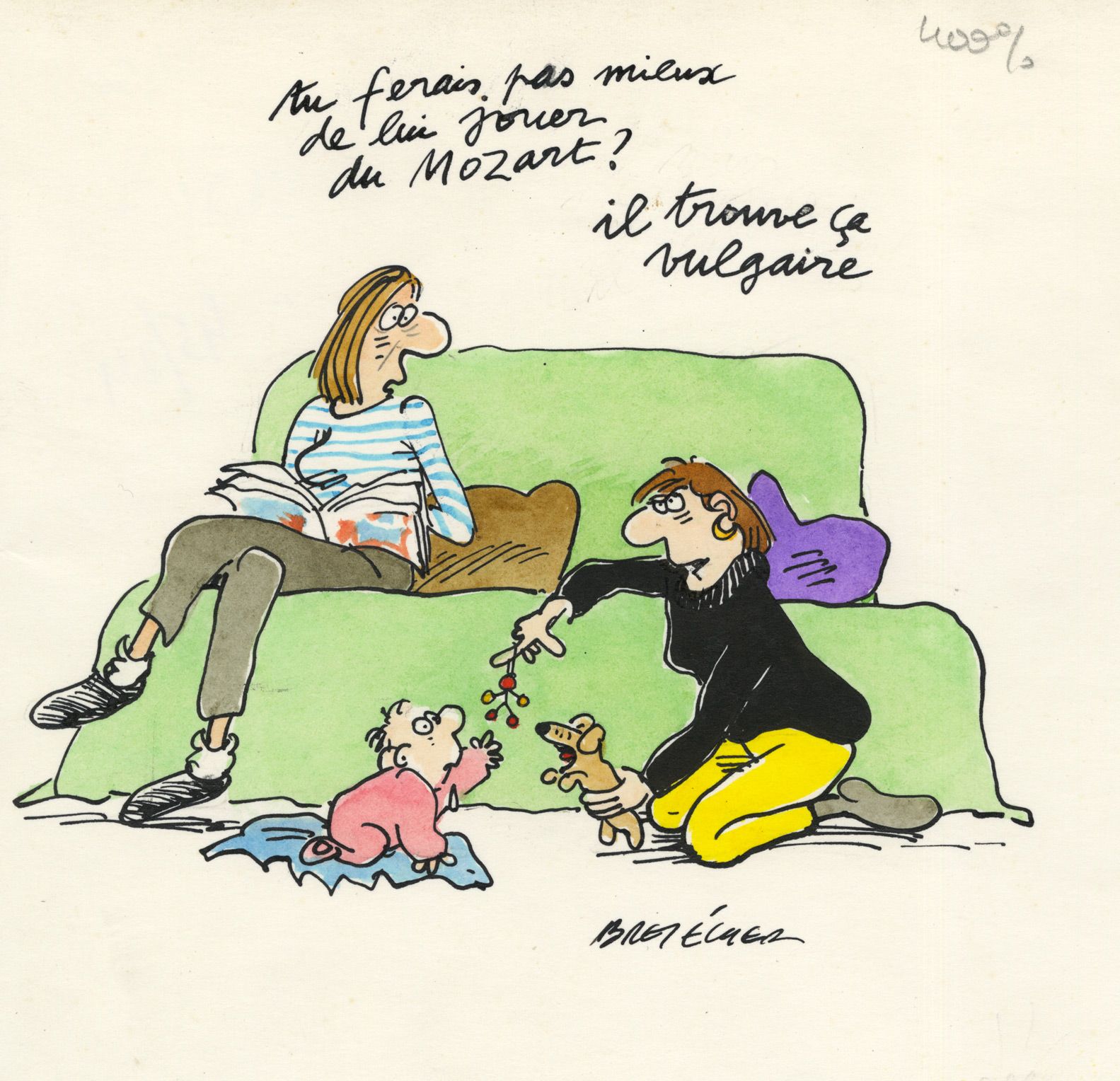 Claire BRETECHER (1940-2020) 莫扎特
纸上彩色水墨画。
，中心下方有签名，12x14厘米。