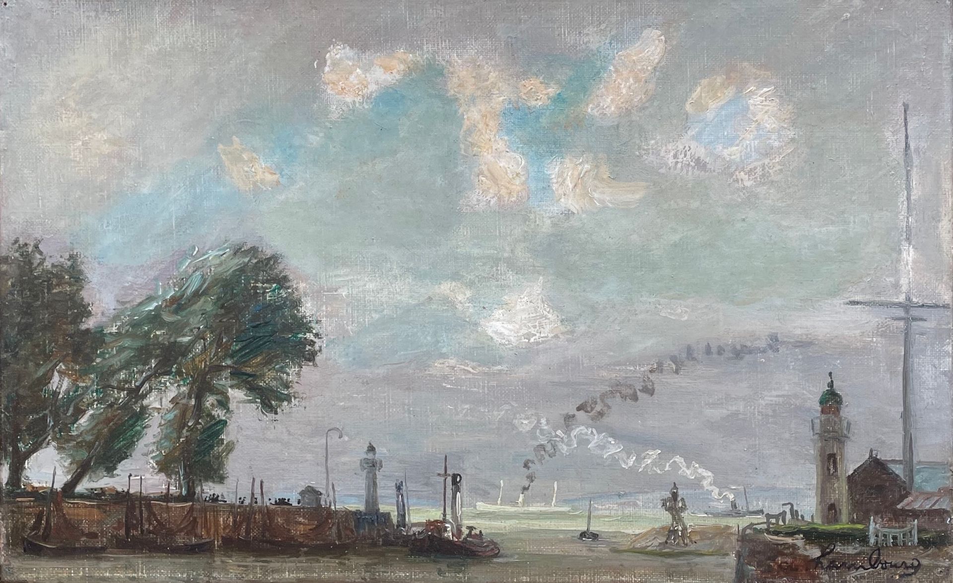 André HAMBOURG (1909-1999) 
Honfleur, l'ingresso del porto, estate 48
Olio su te&hellip;