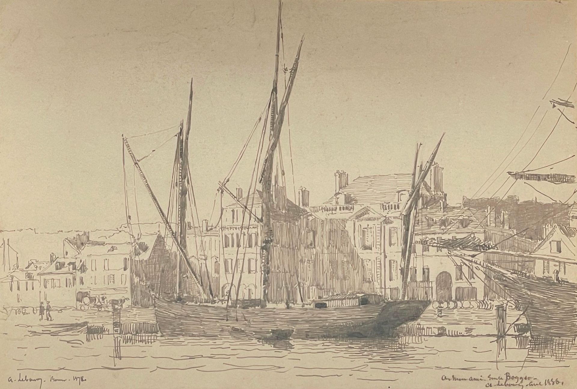 ALBERT LEBOURG (1849-1928) 


鲁昂的帆船



纸上钢笔和黑色墨水，左下角有两处签名，日期和地点为鲁昂，右下角有 "致我的朋友Em&hellip;