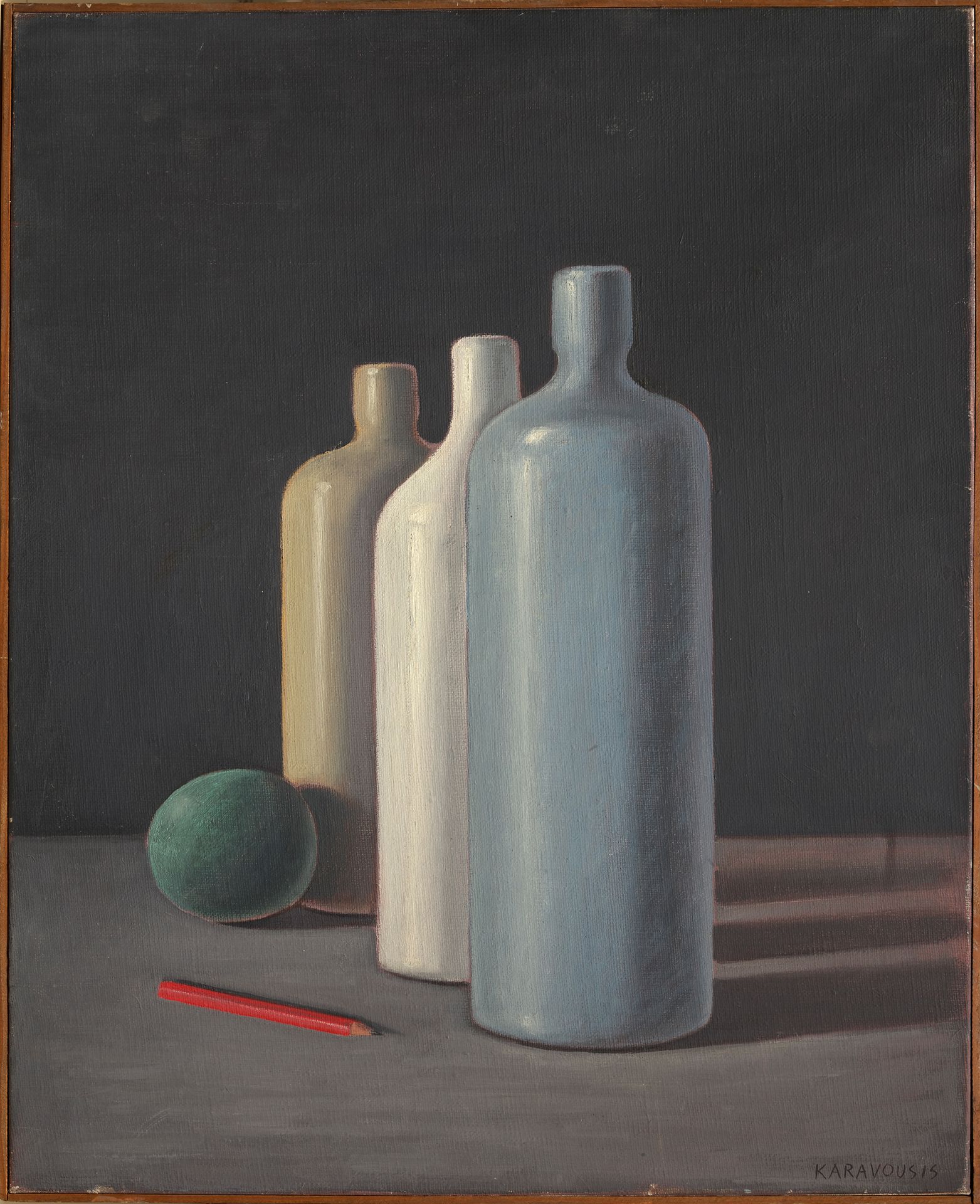 Sarandis KARAVOUSIS (1938-2011) 
有三个瓶子的静物
布面油画，右下方有签名
61 x 46 cm