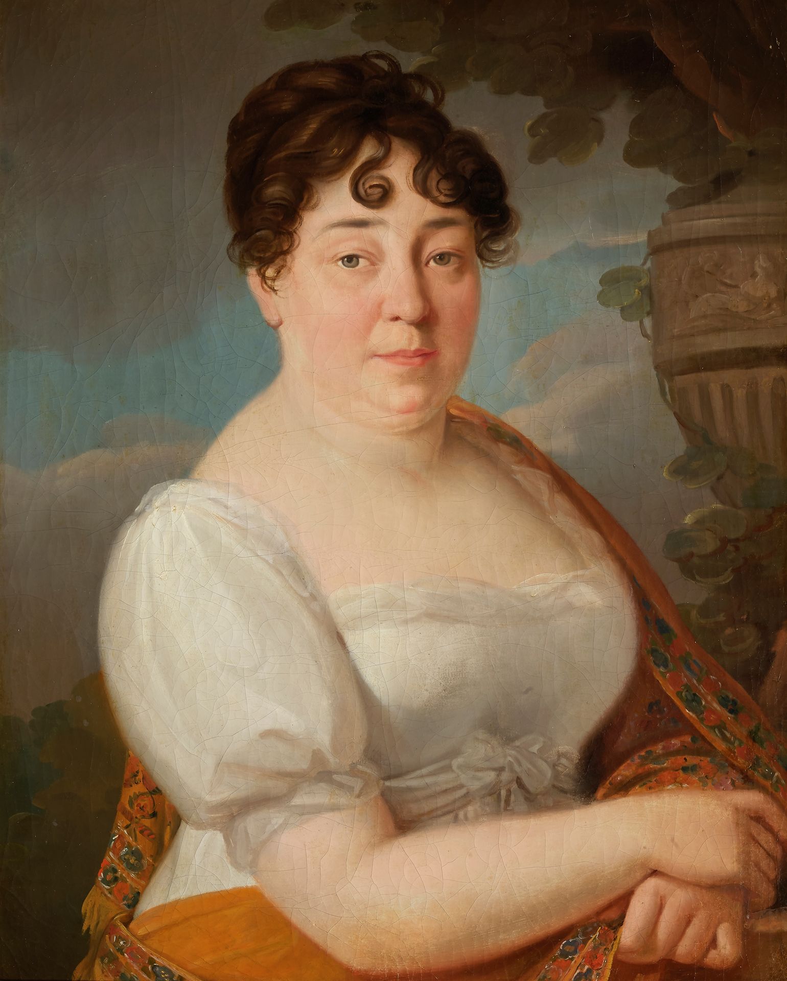 ÉCOLE FRANÇAISE, vers 1820 
Ritratto di donna in abito bianco
Tela
73 x 57 cm