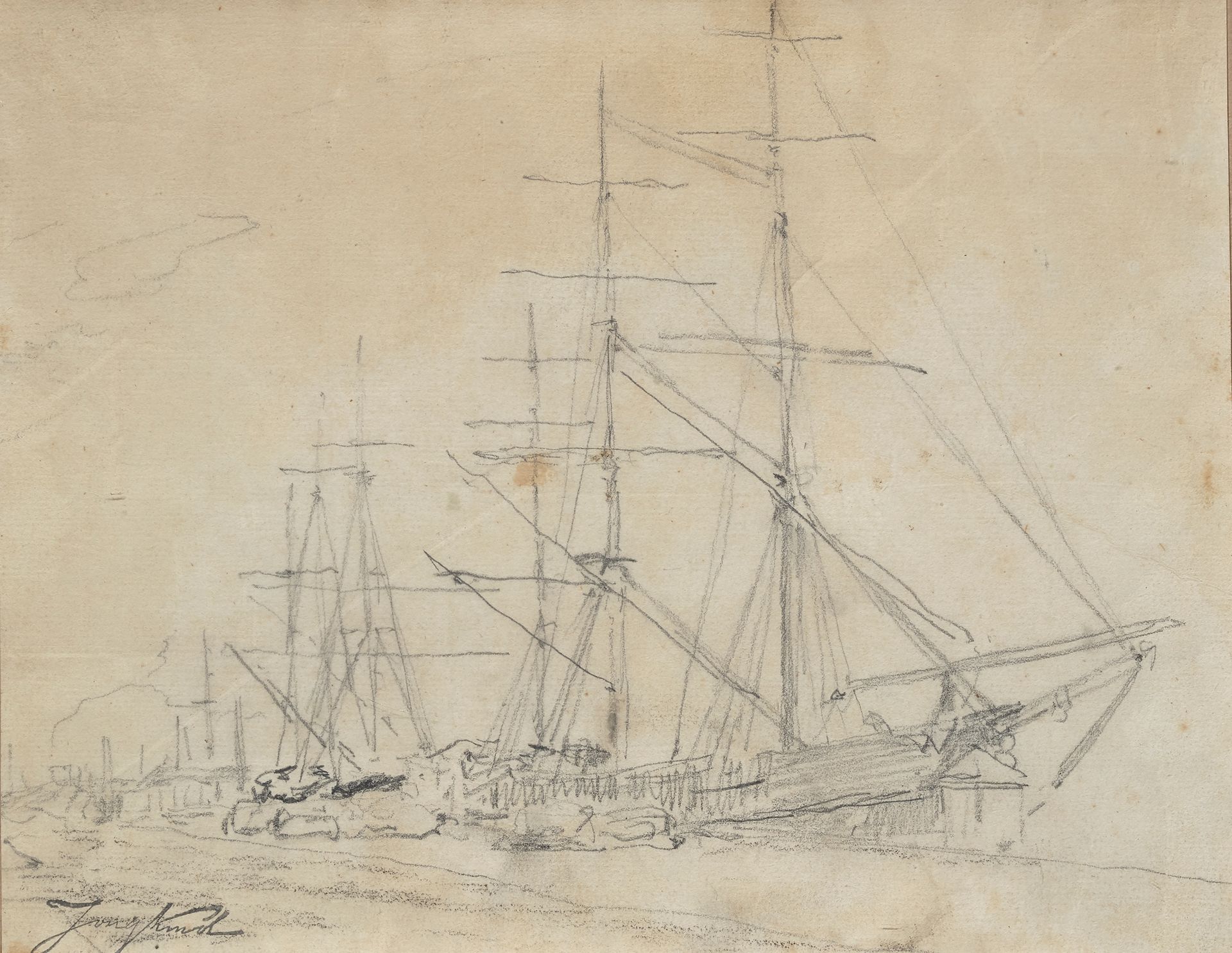 Johan-Barthold JONGKIND (1819-1891) 
Barco de vela
Lápiz
20 x 26 cm (a la vista)