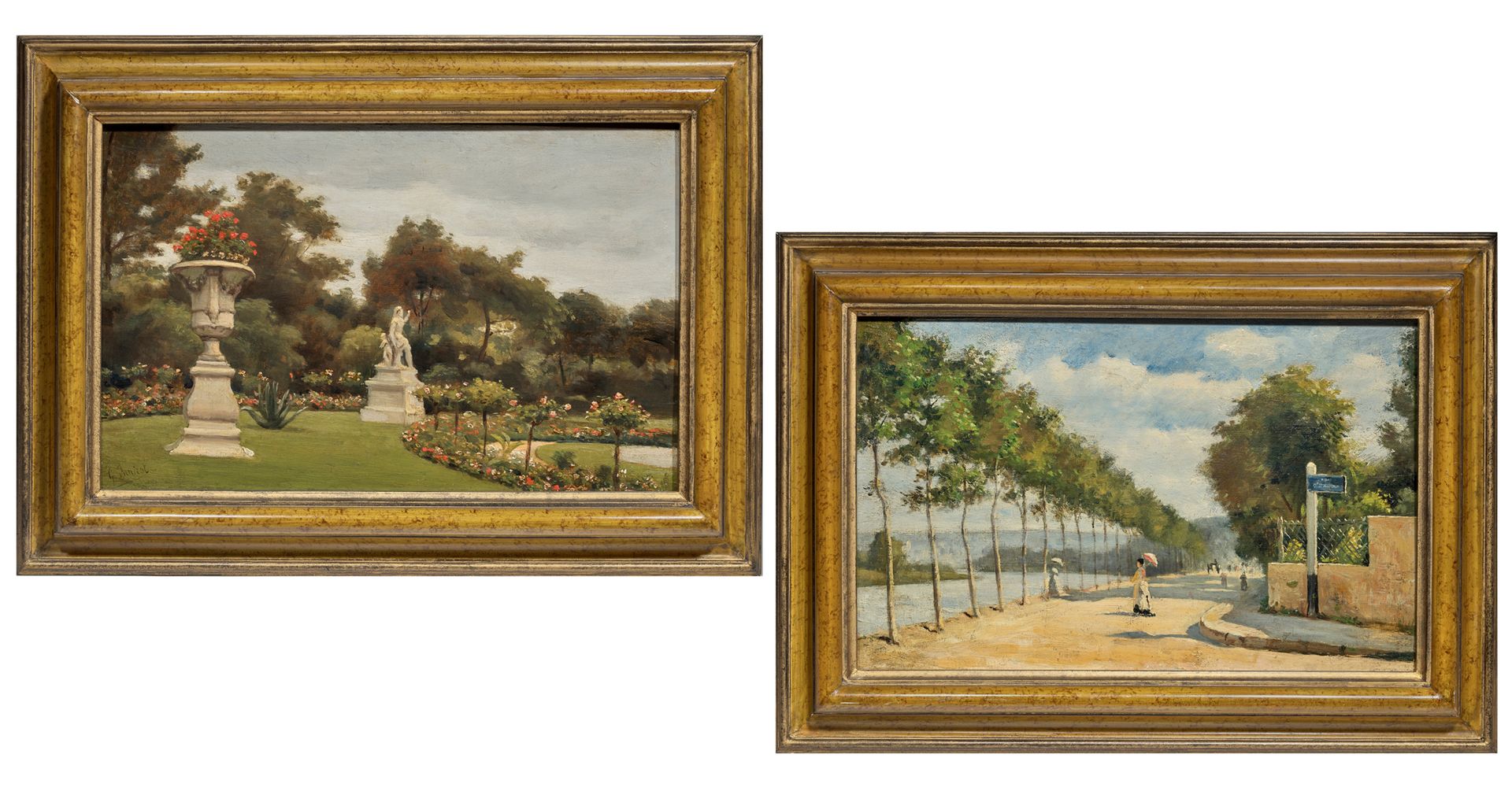 Ecole FRANÇAISE, du XIXème siècle 


在公园散步和在河岸散步



两幅油画，其中一幅左下方有签名



20,5 x 32&hellip;