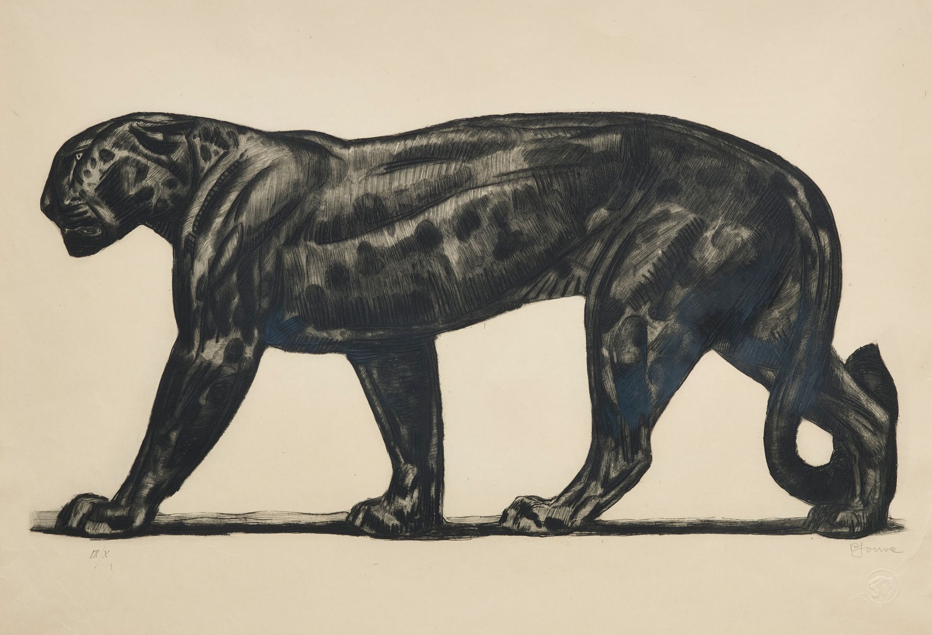Paul JOUVE (1878-1973) 
黑豹
旧日本纸上的原始蚀刻画
右下角签名
艺术家的干印右下角
正义的IX/X 左下角
大约1930年
尺寸：45&hellip;