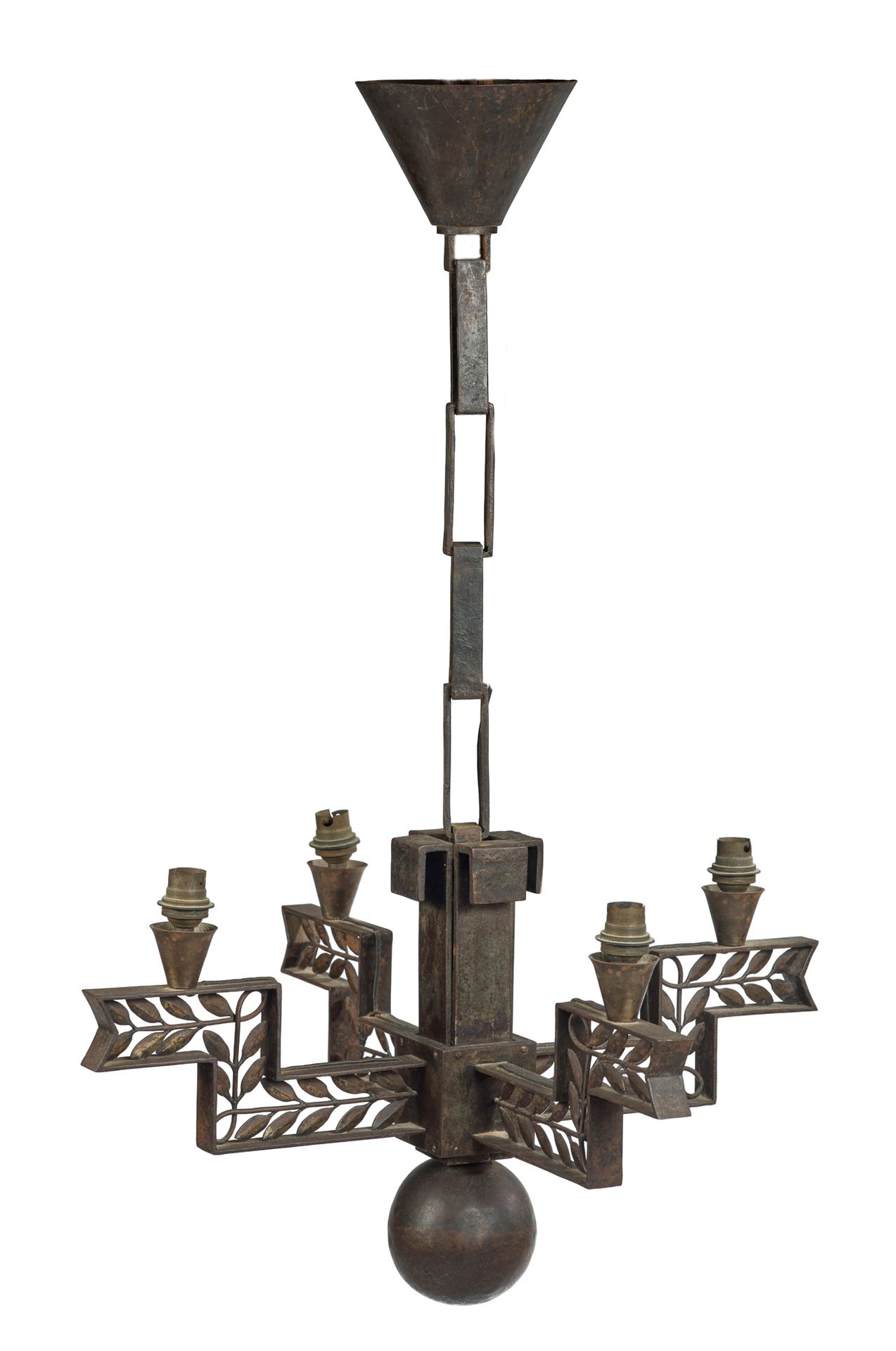 Edgar BRANDT (1880 1960) 
Araña de hierro forjado martillado de cuatro brazos co&hellip;