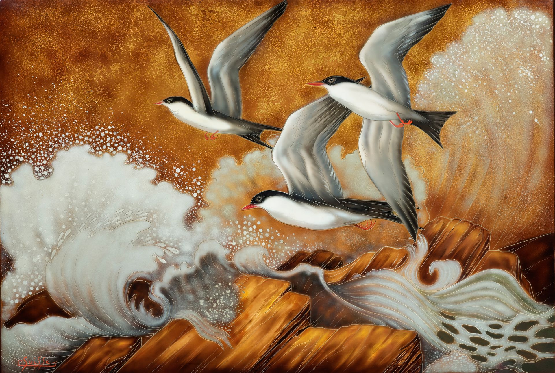 GASTON SUISSE (1896-1988) 


暴风雨中的海燕



雕刻的多色漆。用铝粉制作的波浪，在裸色的玳瑁漆背景上，框架是原来的棕色撕裂漆。
&hellip;