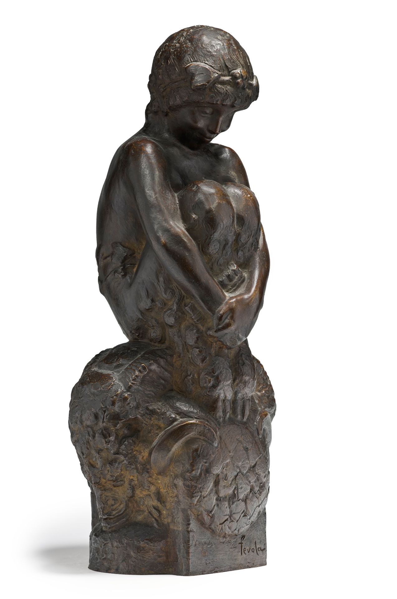 Félix Pascal Fevola (1882-1953) 
Brown patina bronze sculpture of a faun sitting&hellip;