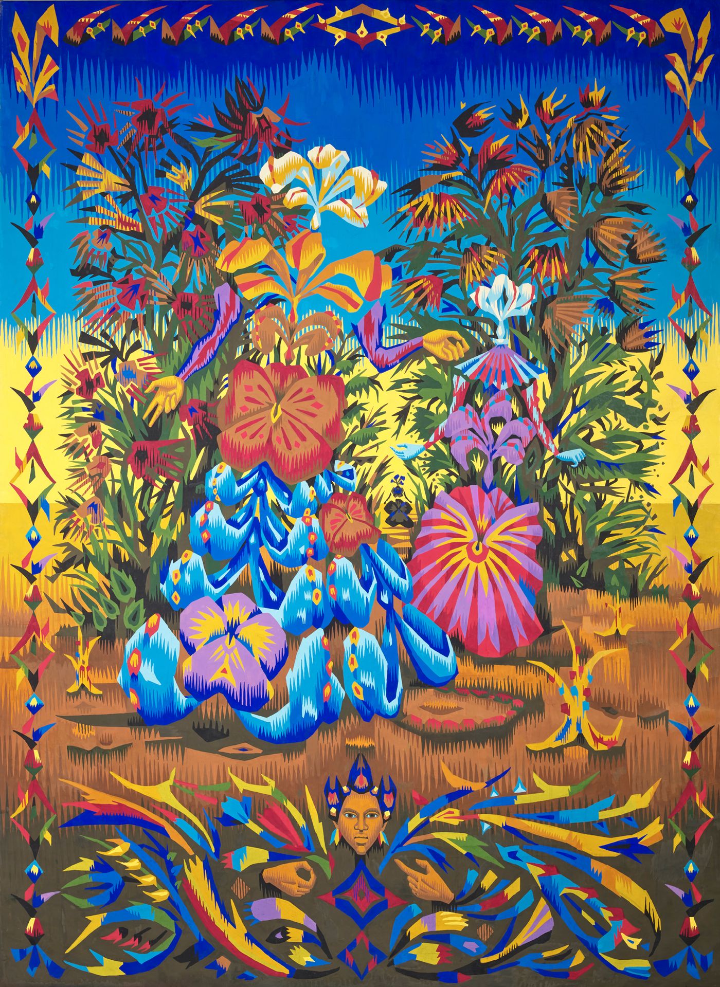 Lucien COUTAUD (1904-1977) 
异国花园I，II，III或热带花园，或女人花
纸上水粉画装在画布上。
2,63 x 1,90 m