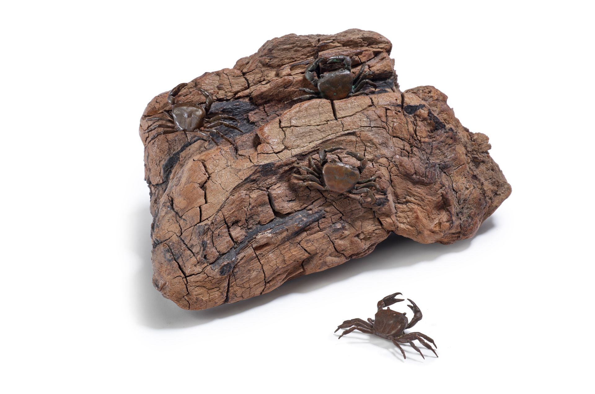 JAPON - XXe siècle Four bronze okimono of crabs climbing on a wooden rock. (oxid&hellip;