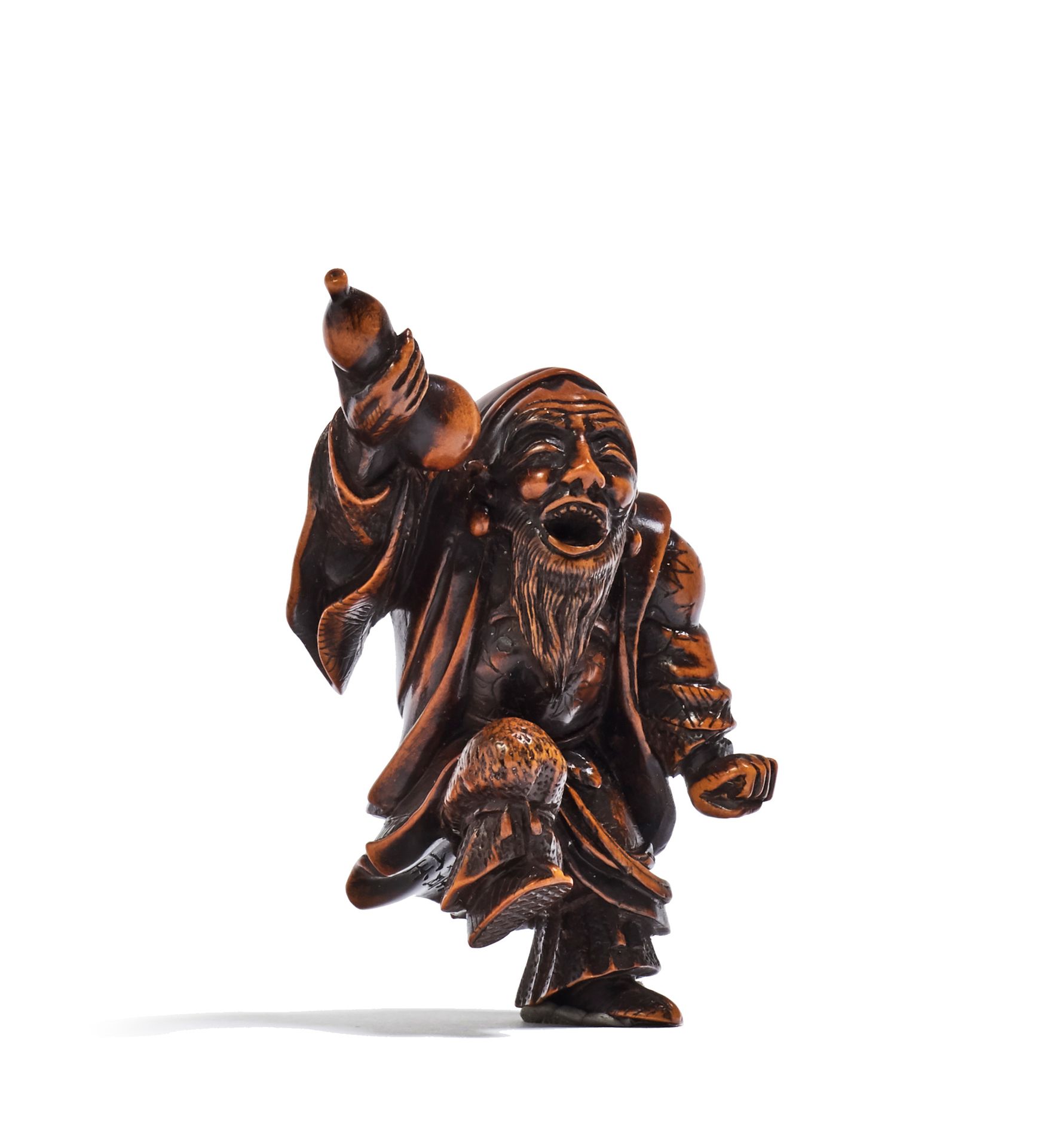 JAPON - XIXE SIÈCLE Wooden netsuke, Daikoku standing, singing and dancing on one&hellip;