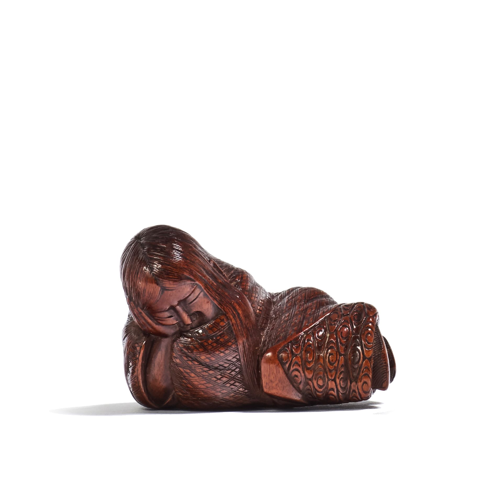 JAPON - XIXE SIÈCLE Netsuke de madera, shojo dormido, con la cabeza apoyada en l&hellip;