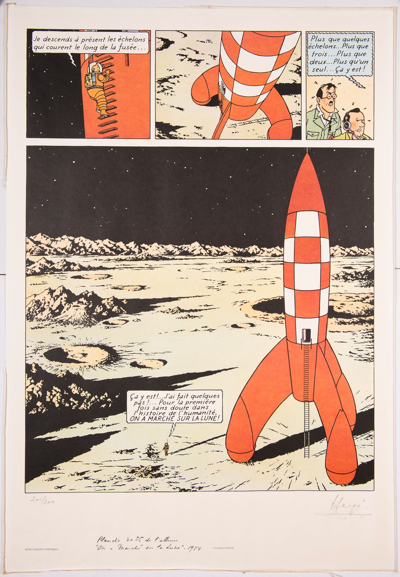 HERGÉ 为世界自然基金会创作的绢画：极好的大尺寸绢画（70 x 100厘米），来自于《在月球上行进》。有编号（200/200），并有Hergé的签名。状况非&hellip;