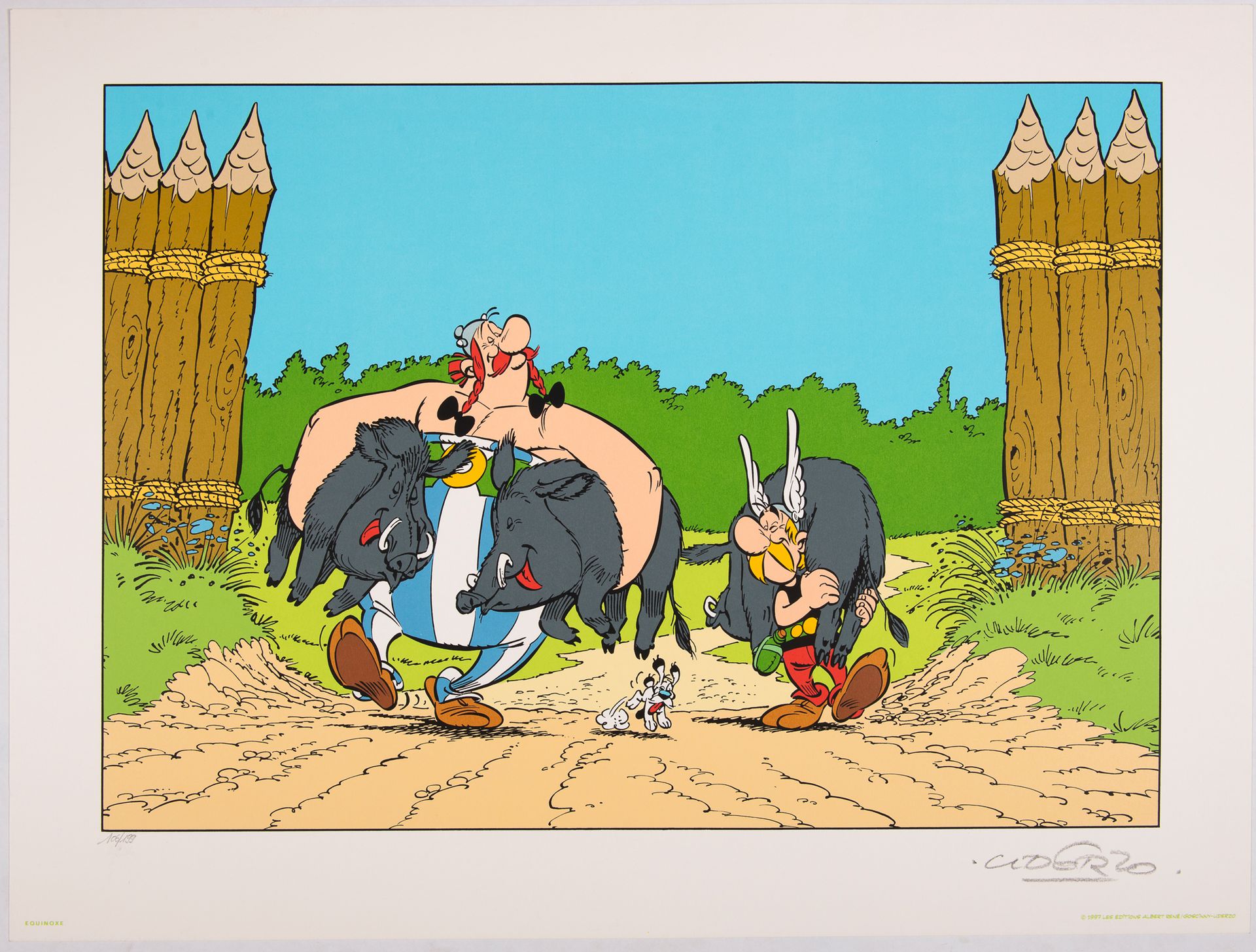 UDERZO 丝网印刷品：Asterix, Obelix和野猪。由Equinoxe出版的宏伟的大型丝网印刷品（60 x 80厘米）从未展出过。极好的有编号和签名&hellip;