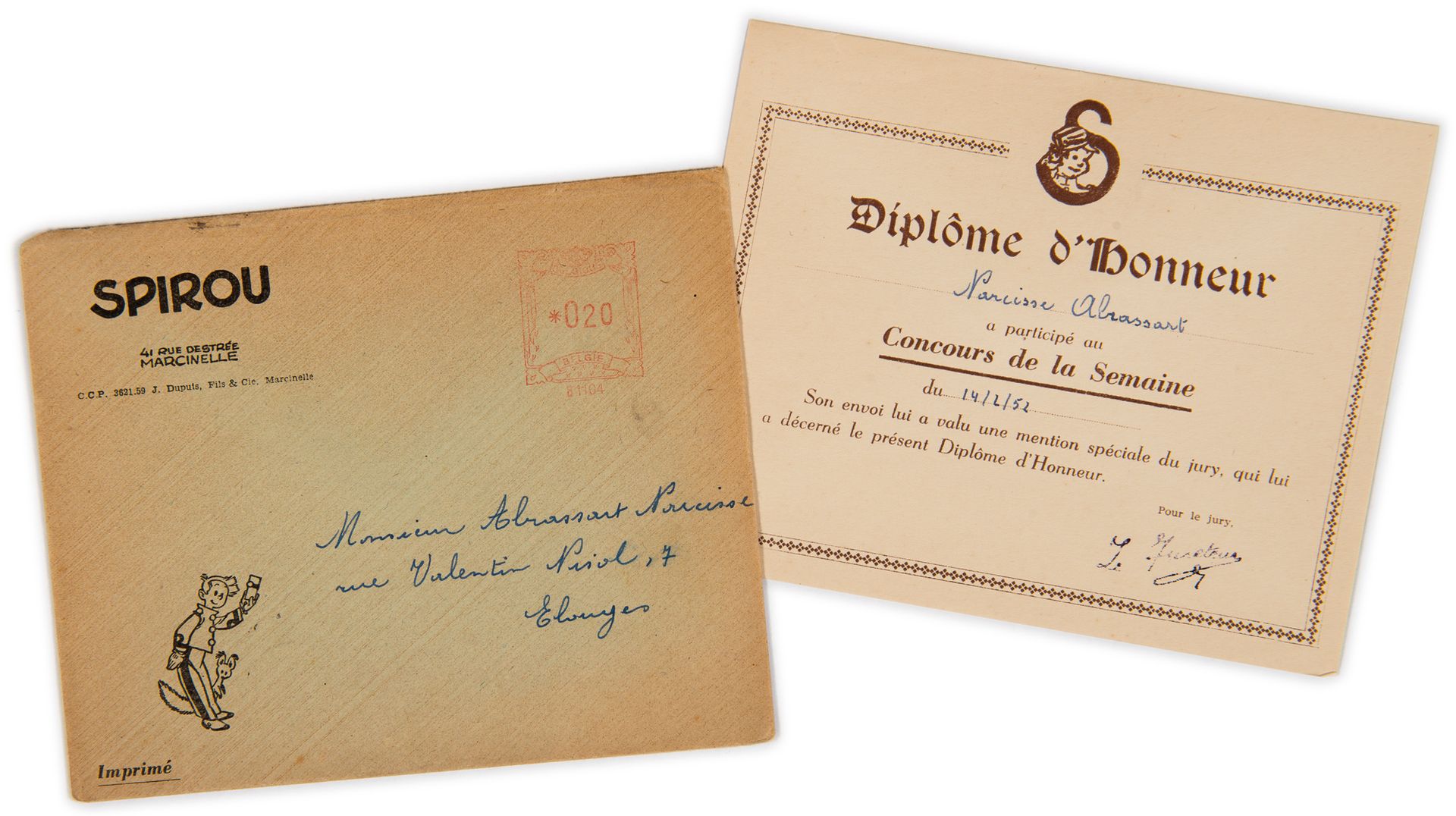 Null Spirou - Diplôme d'honneur：1952年2月14日一周的竞赛证书。在其原来的信封中，第二版与弗朗昆的斯皮鲁和斯皮普一起。