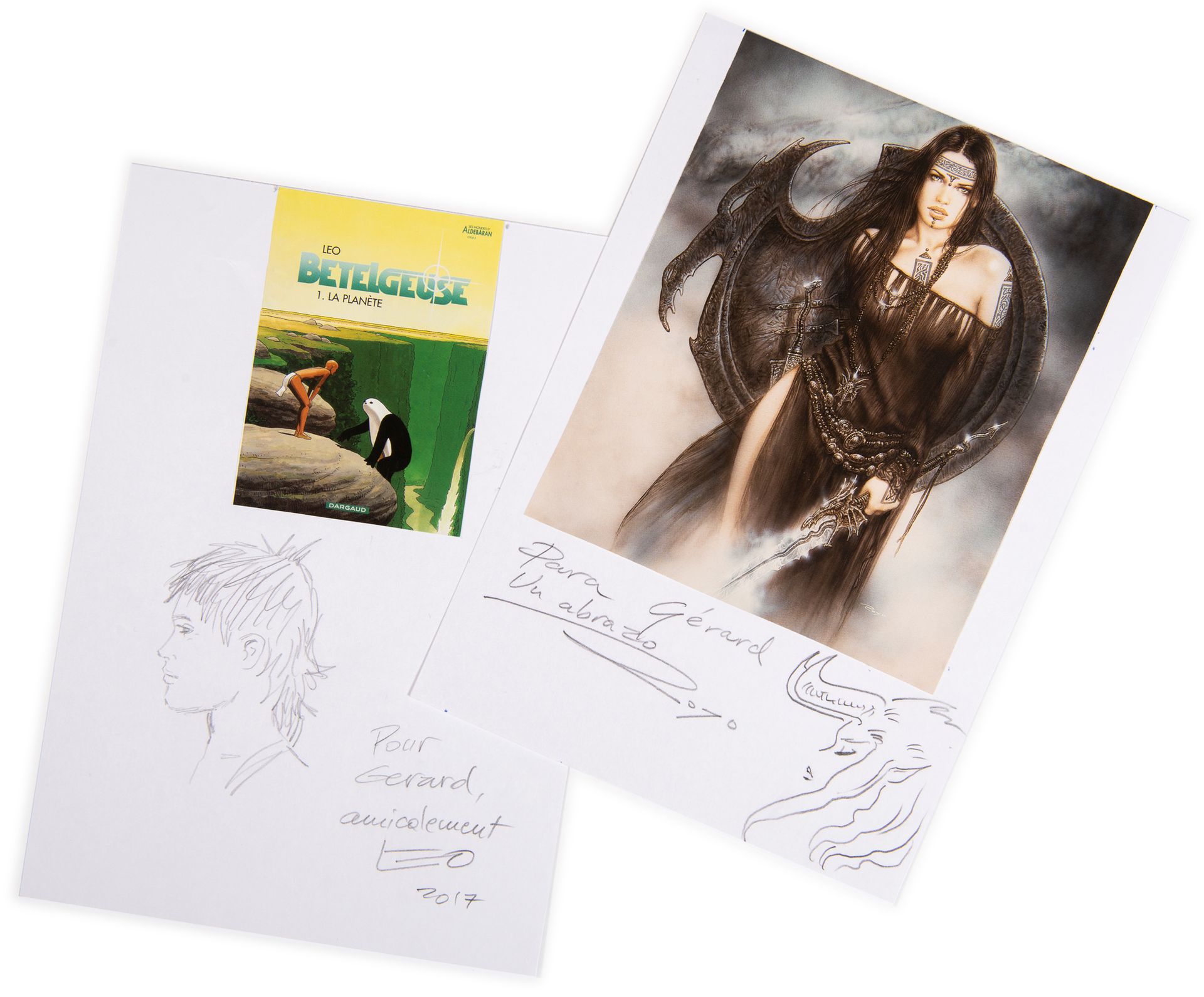 Royo/Léo Set of 2 dedications: 1 drawing of each author (A5) + envelopes and a c&hellip;