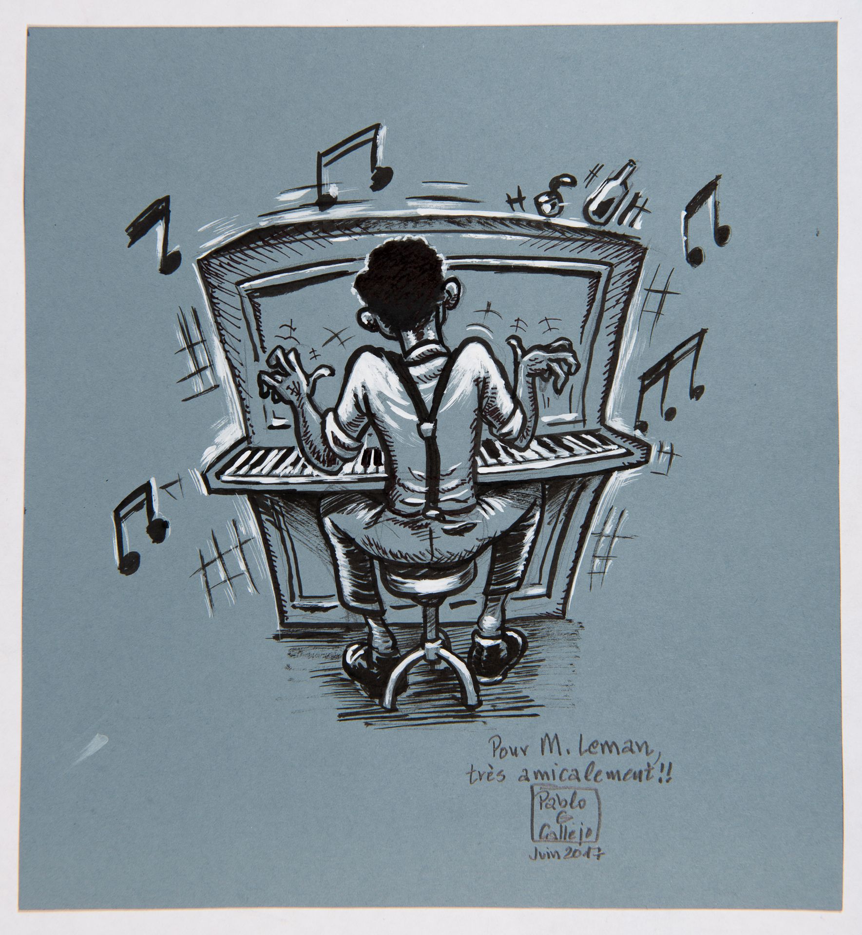 Garcia-Callejo 原画：精湛的钢琴家画作（19,5 x 21厘米）+信封和一封信。
