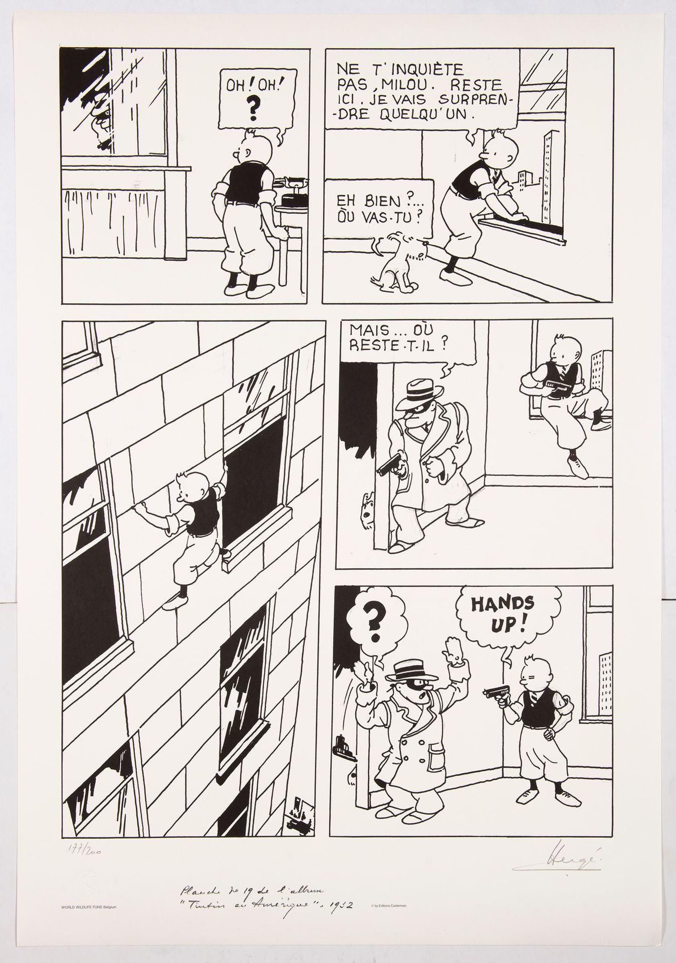 HERGÉ 世界自然基金会的绢印画：来自《丁丁在美国》的极好的大尺寸绢印画（70 x 100厘米）。有编号(177/200)，并有Hergé的签名。状况极好，从&hellip;