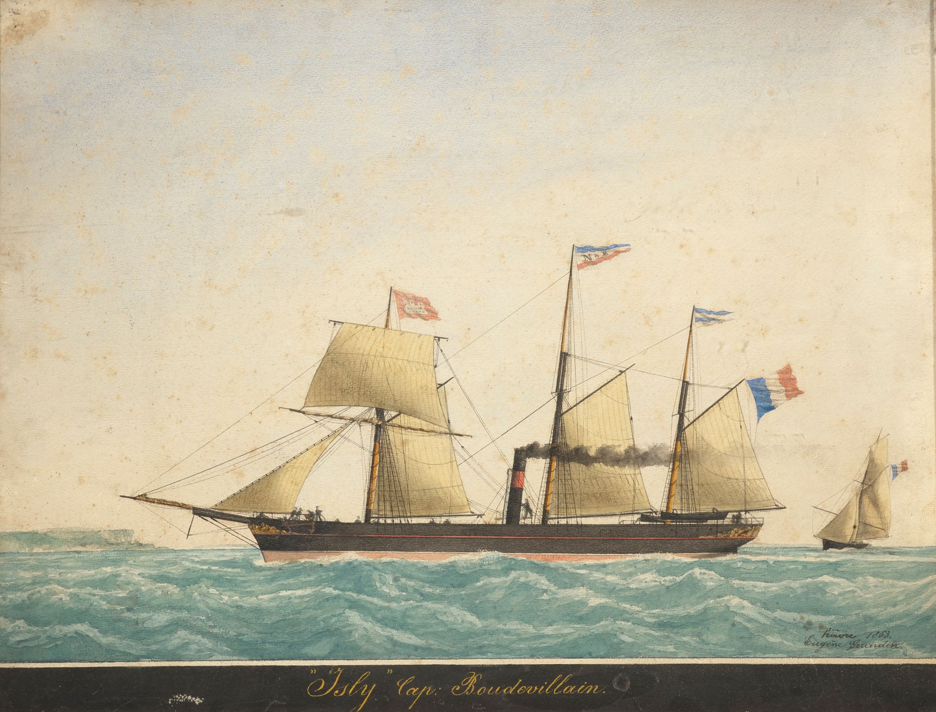 Eugène GRANDIN ( 1833-1919) 返回勒阿弗尔港的混合汽船l'Isly
水彩画，右下角签名，位置和日期为1863年，标题为 "l'Isly&hellip;