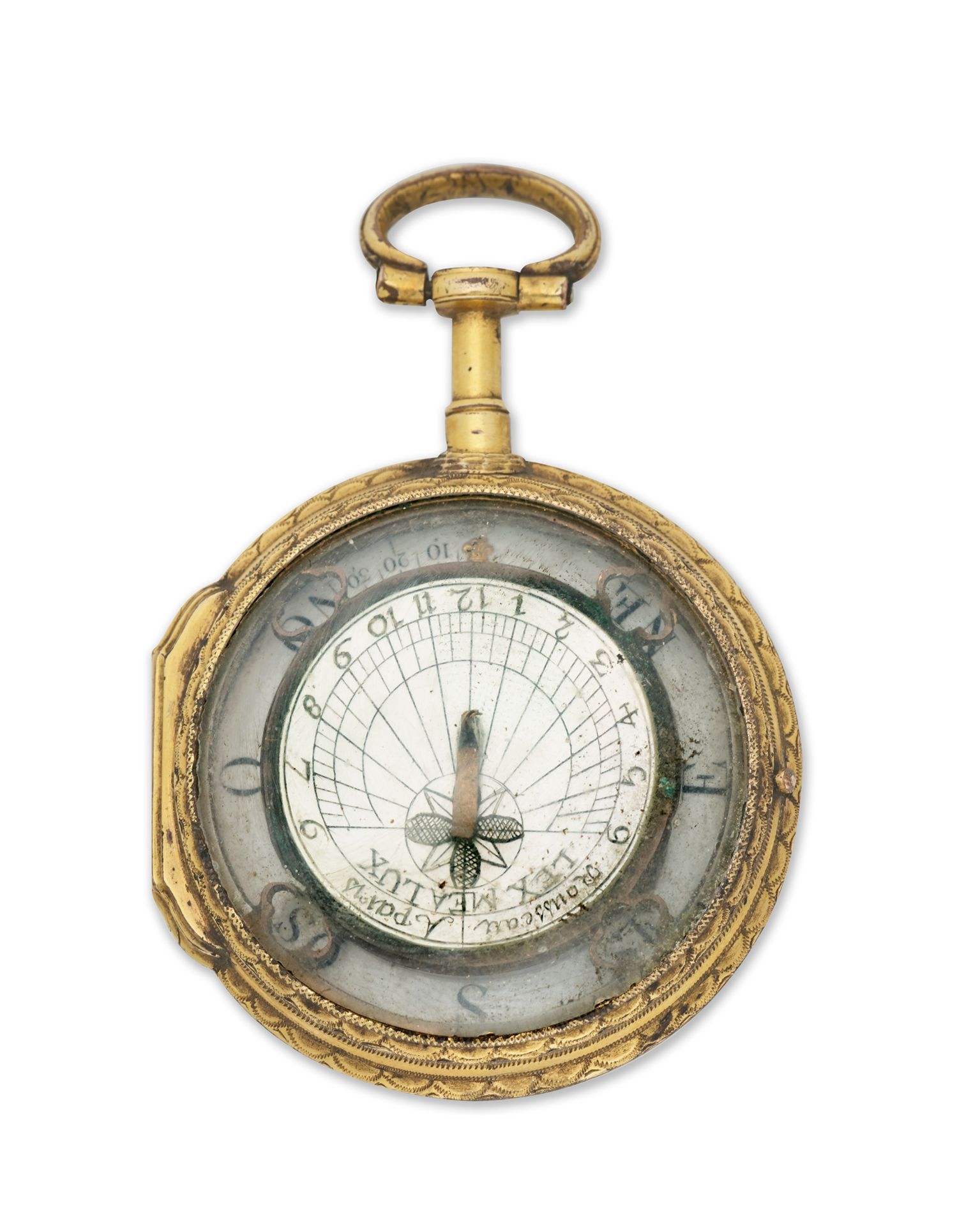 Null 
鎏金黄铜日晷，呈袼褙状，表盘显示巴黎的纬度（48°51），署名ROUSSEAU（巴黎）。

在背面，优雅的微型

18世纪晚期 

直径4.5厘米