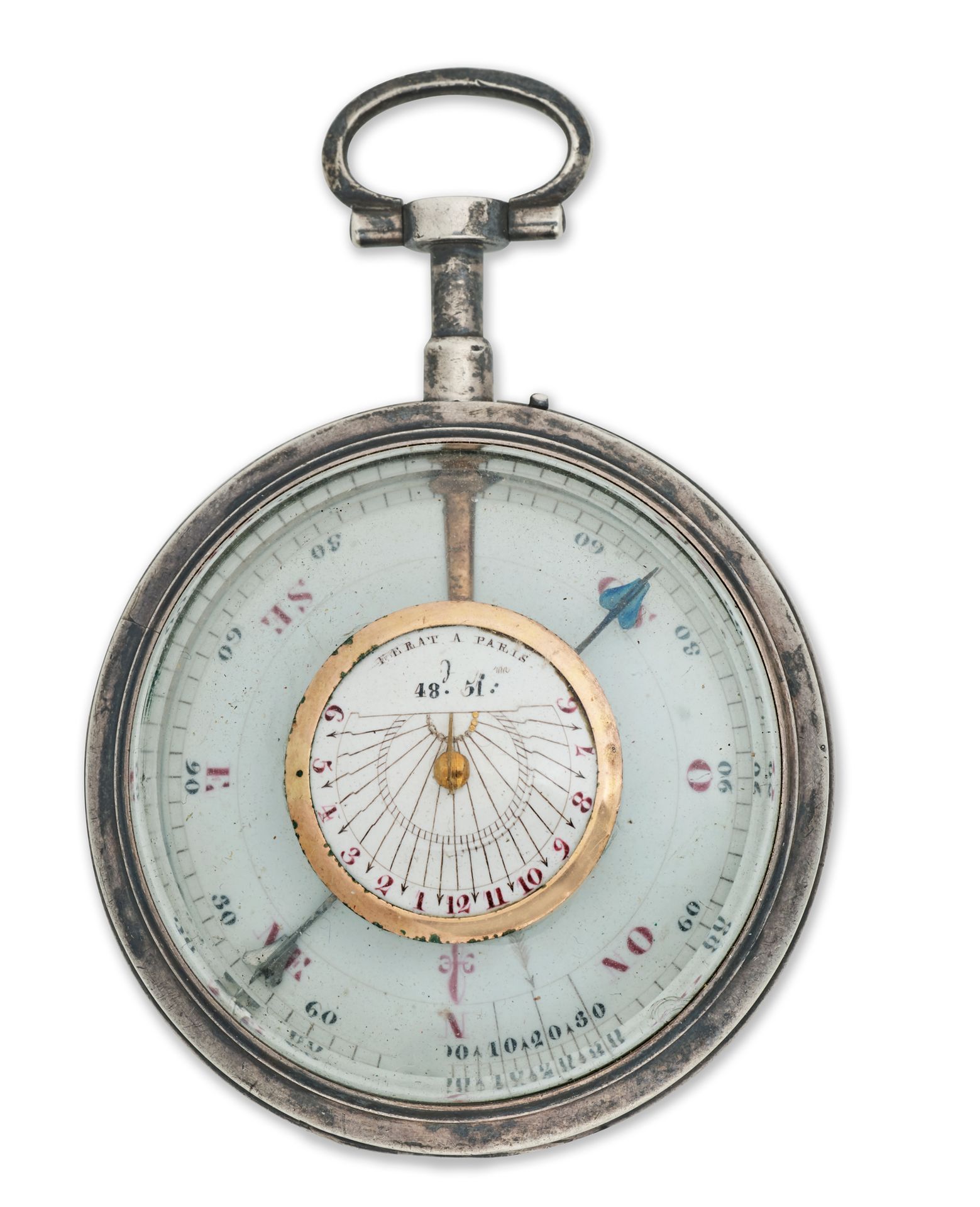Null 
带有朗布托伯爵徽章的桁架式银质日晷

巴黎纬度的表盘（48°51），在巴黎签署了FERAT。

18世纪末-19世纪初 

毛重 : 86,22 g&hellip;