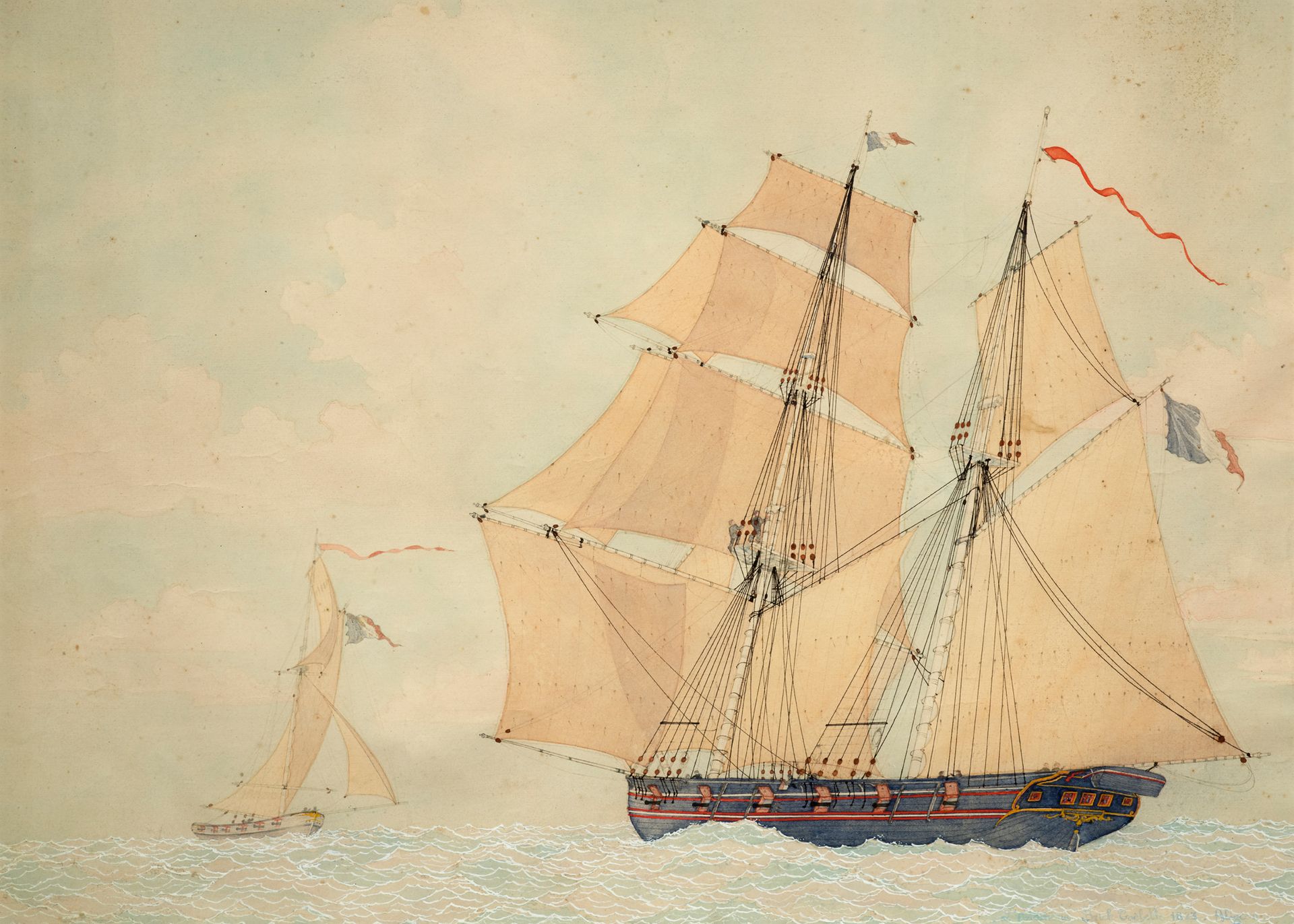 Ecole FRANCAISE, XIXème siècle 砖砌双桅船越过切斯特，所有的帆都挂好了
纸上水彩画，右下角刻着："l'anémone，砖砌双桅船1&hellip;