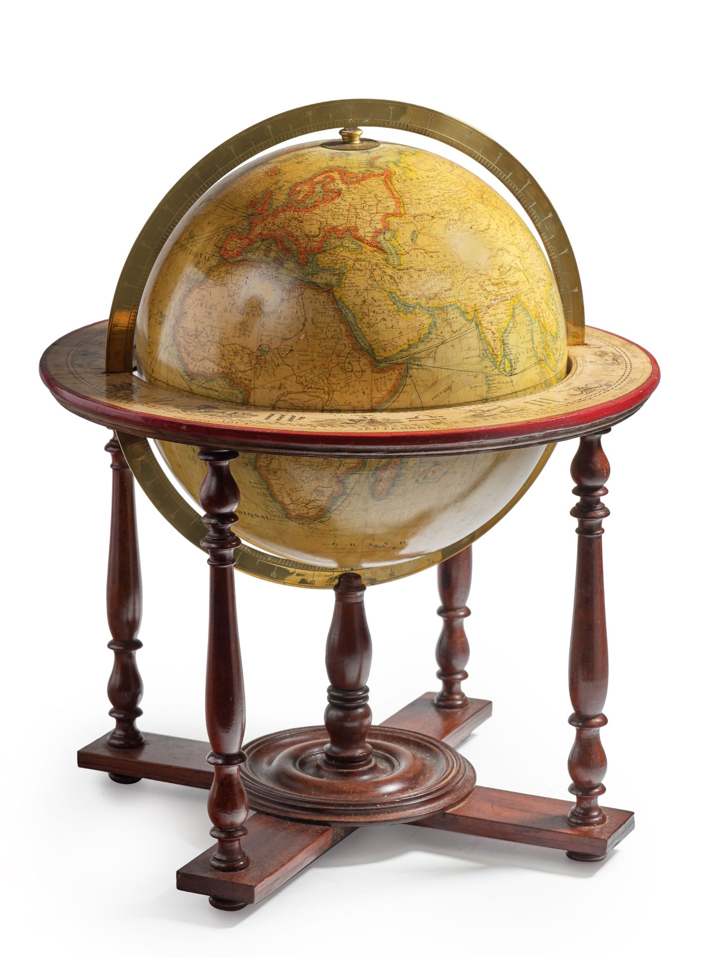 Null 签署了巴黎LEBEGUE的地球仪，带有黄铜子午线圆环。带四根柱子的腿（有些修复）
高60厘米 球体的直径：30厘米