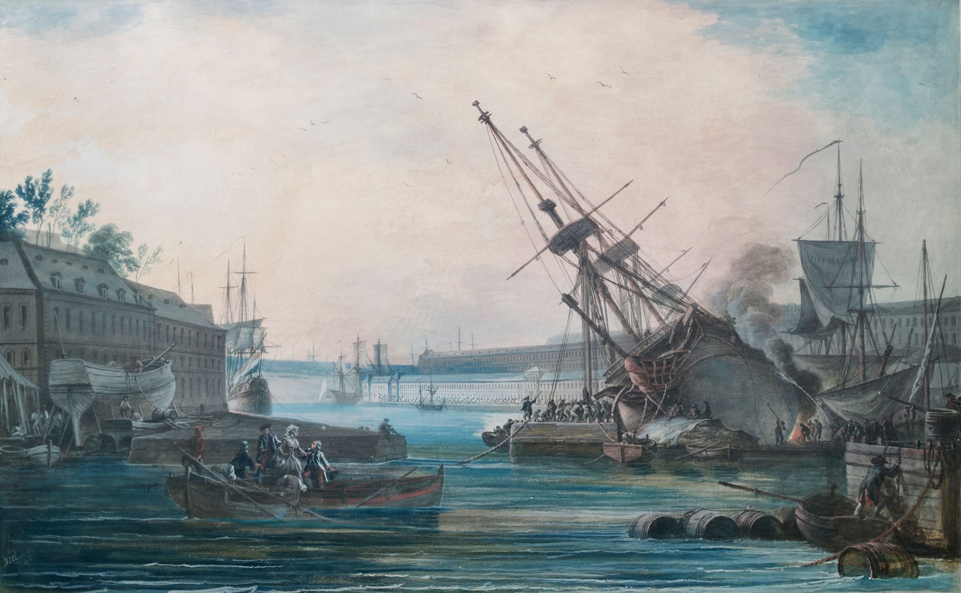 Alexandre Jean NOEL (1752-1834) 布列斯特的兵工厂
水彩和水粉画，左下角有诺埃尔的签名
64 x 86 cm