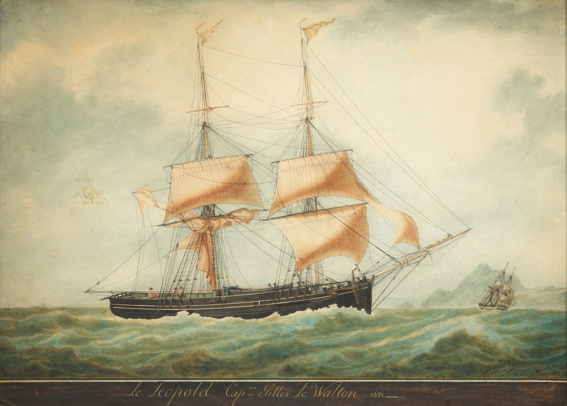 Antoine ROUX (1765-1835) 减帆下的双桅帆船Leopold船长Gilles le Walton，1821年
水彩画，有签名，位于马赛，右下&hellip;