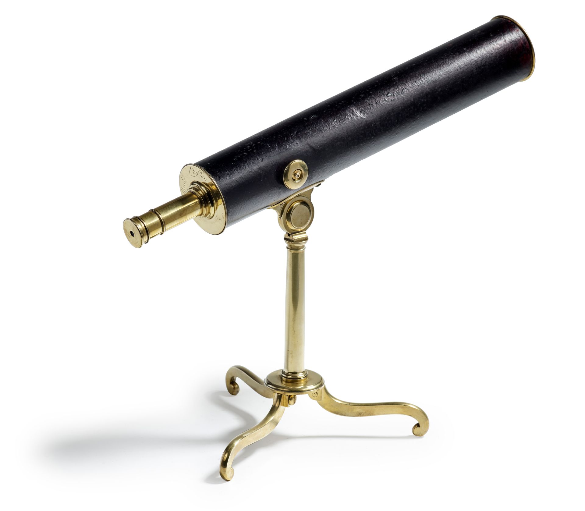 Null Brass reflecting telescope, black leather covered body, folding tripod stan&hellip;