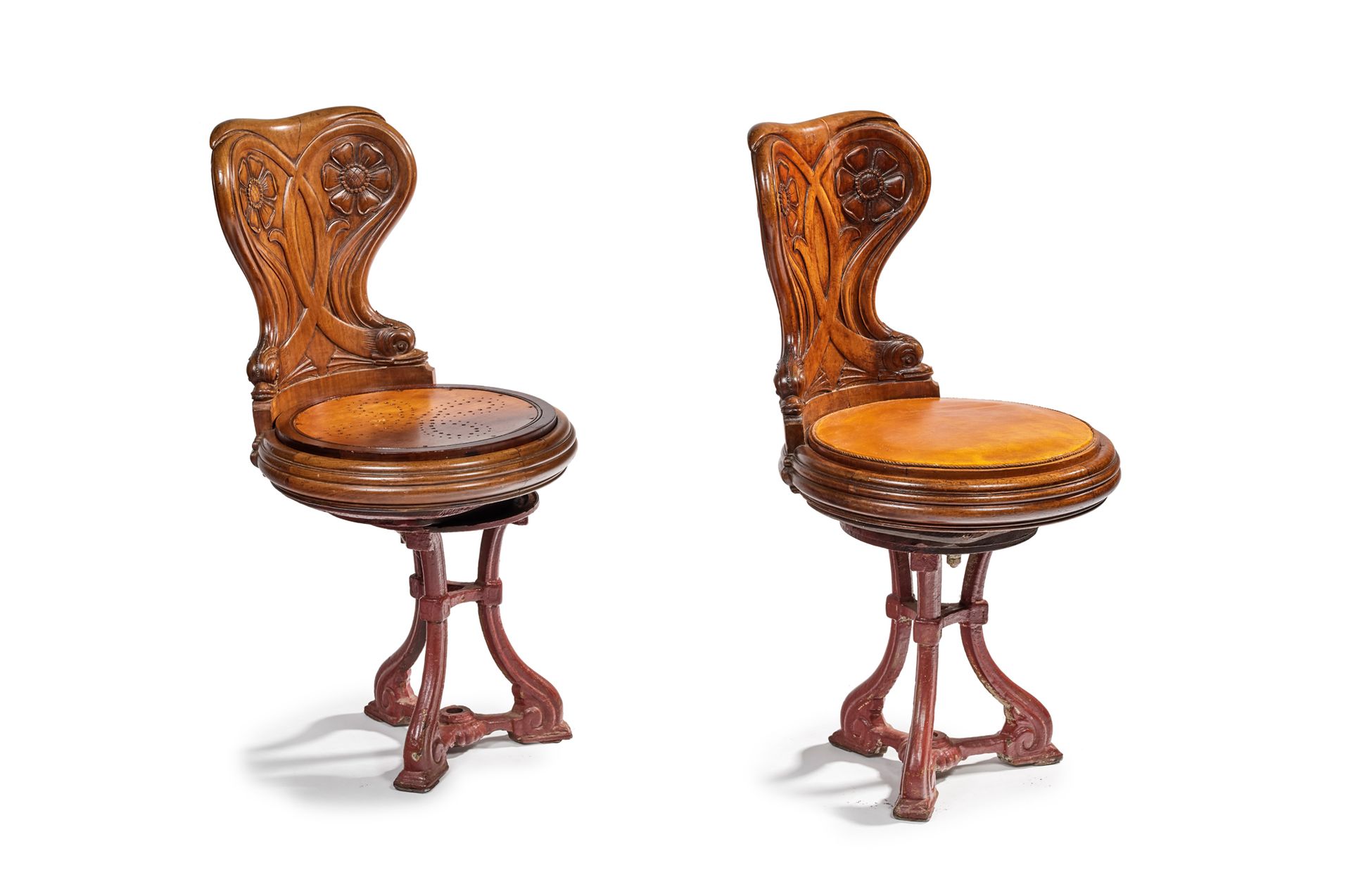 Null Pair of tripod cast iron boat armchairs with carved mahogany backs, reversi&hellip;