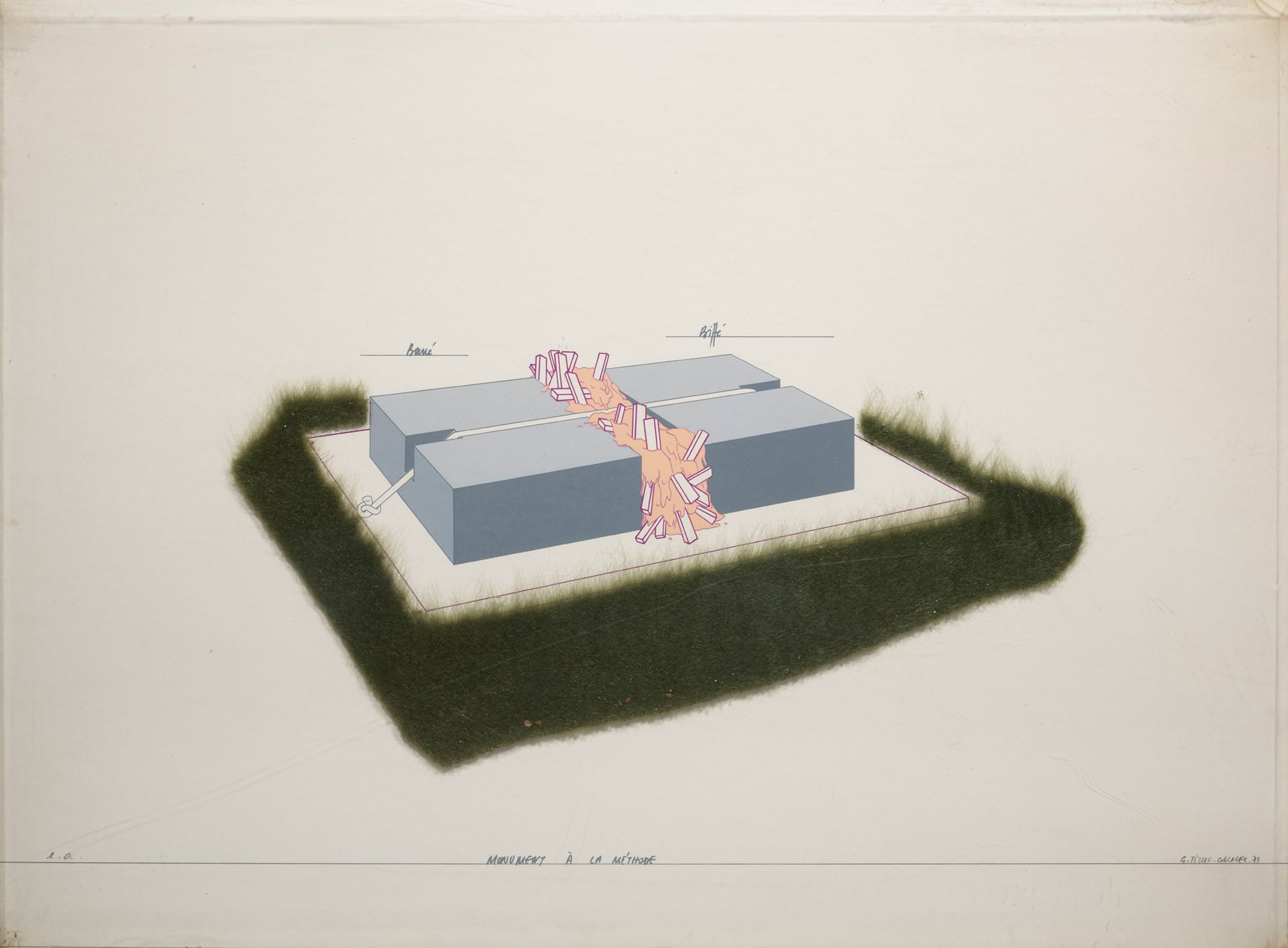 Gérard TITUS-CARMEL (né en 1942) 方法的纪念碑，1970
丝网和拼贴画，右下角有签名和日期
54 x 74 cm